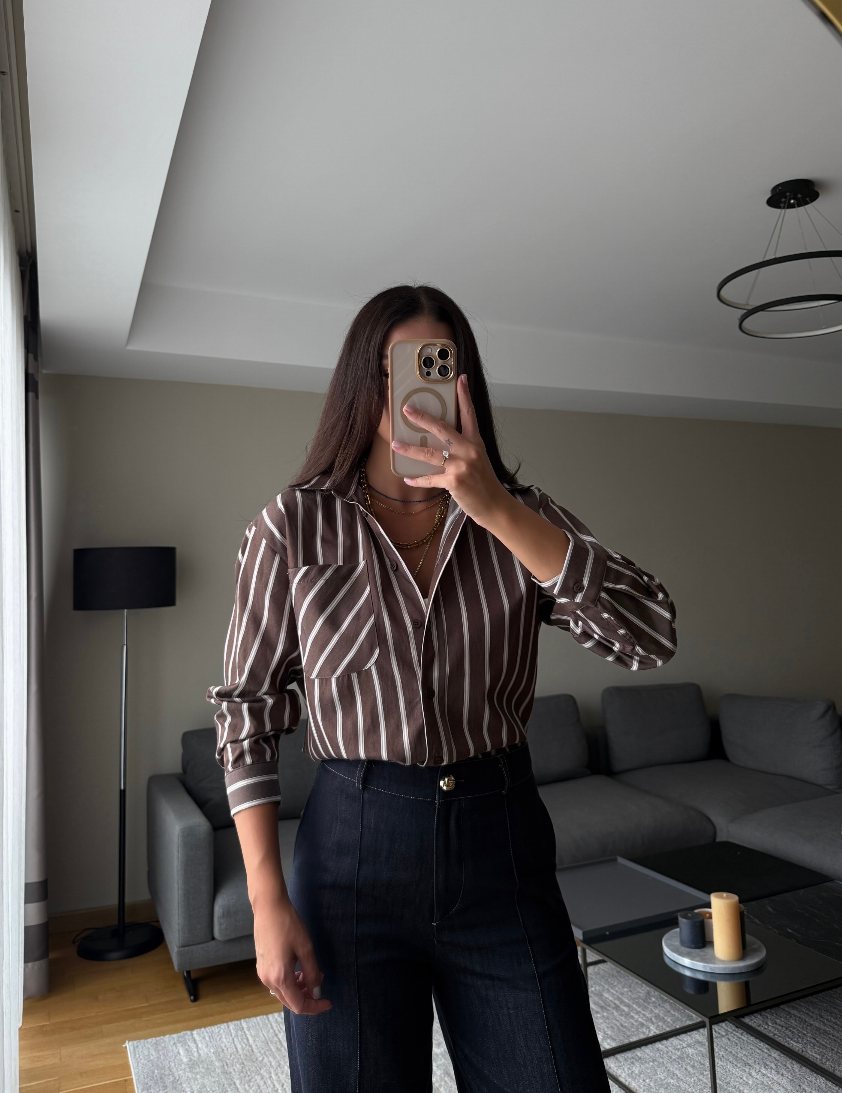 Kahve Çizgili Poplin Gömlek 