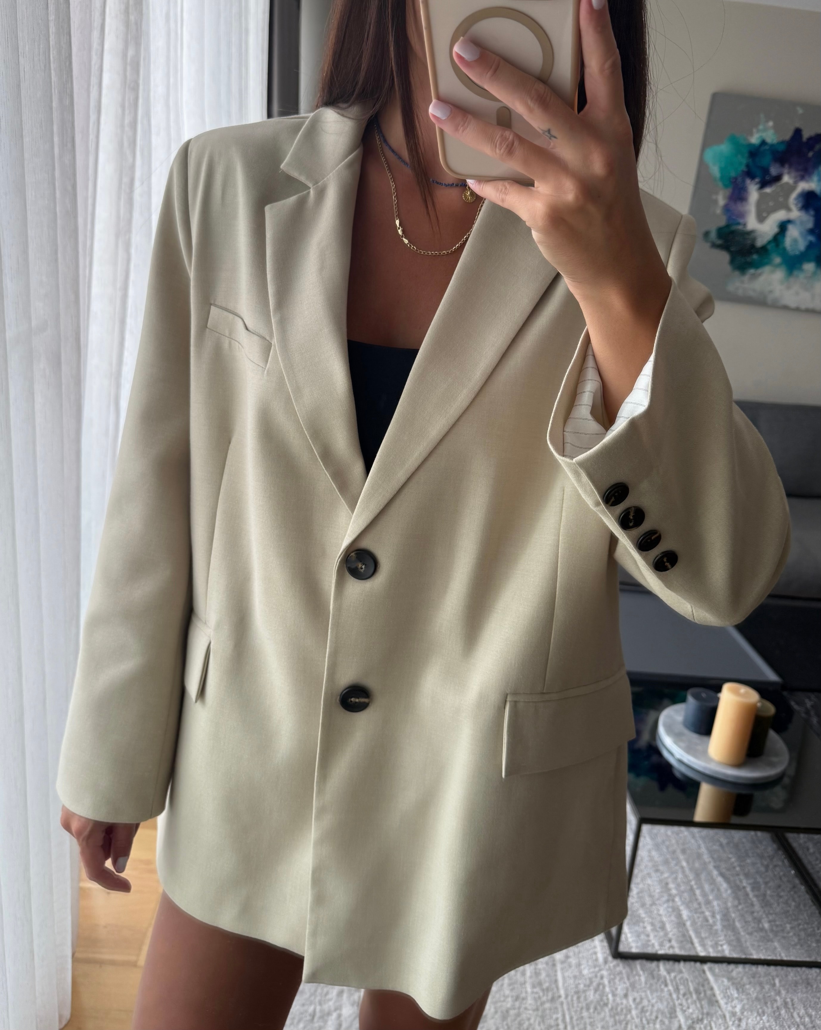Bej Vatkalı Oversive Blazer Ceket 