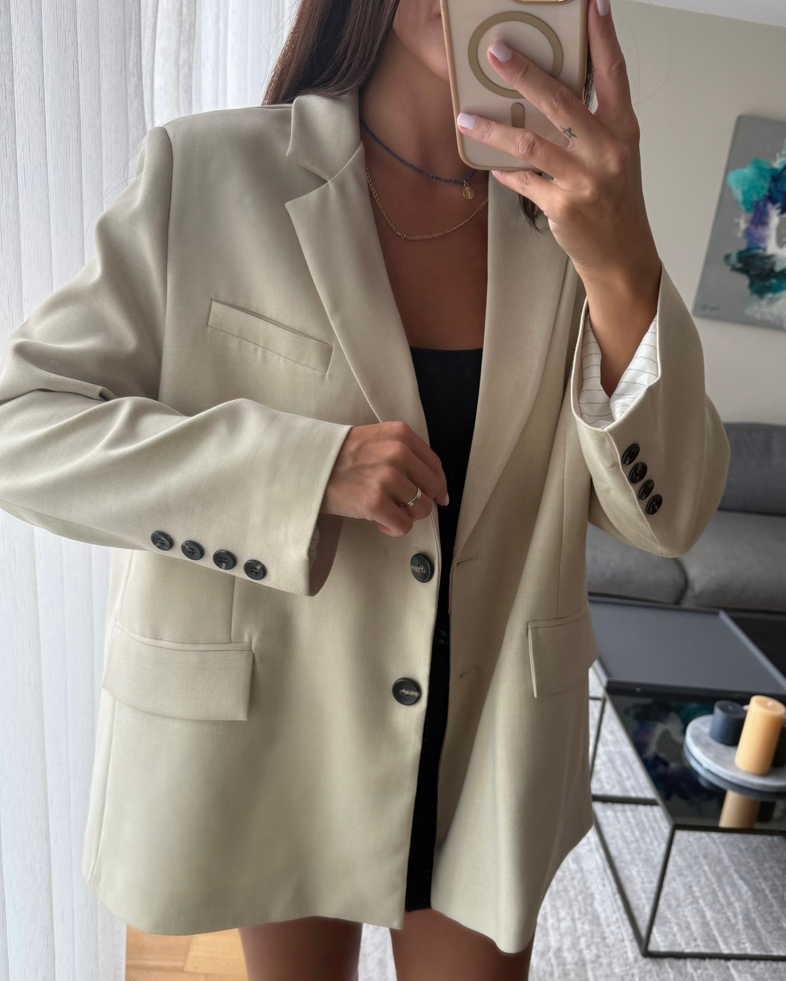 Bej Vatkalı Oversive Blazer Ceket 