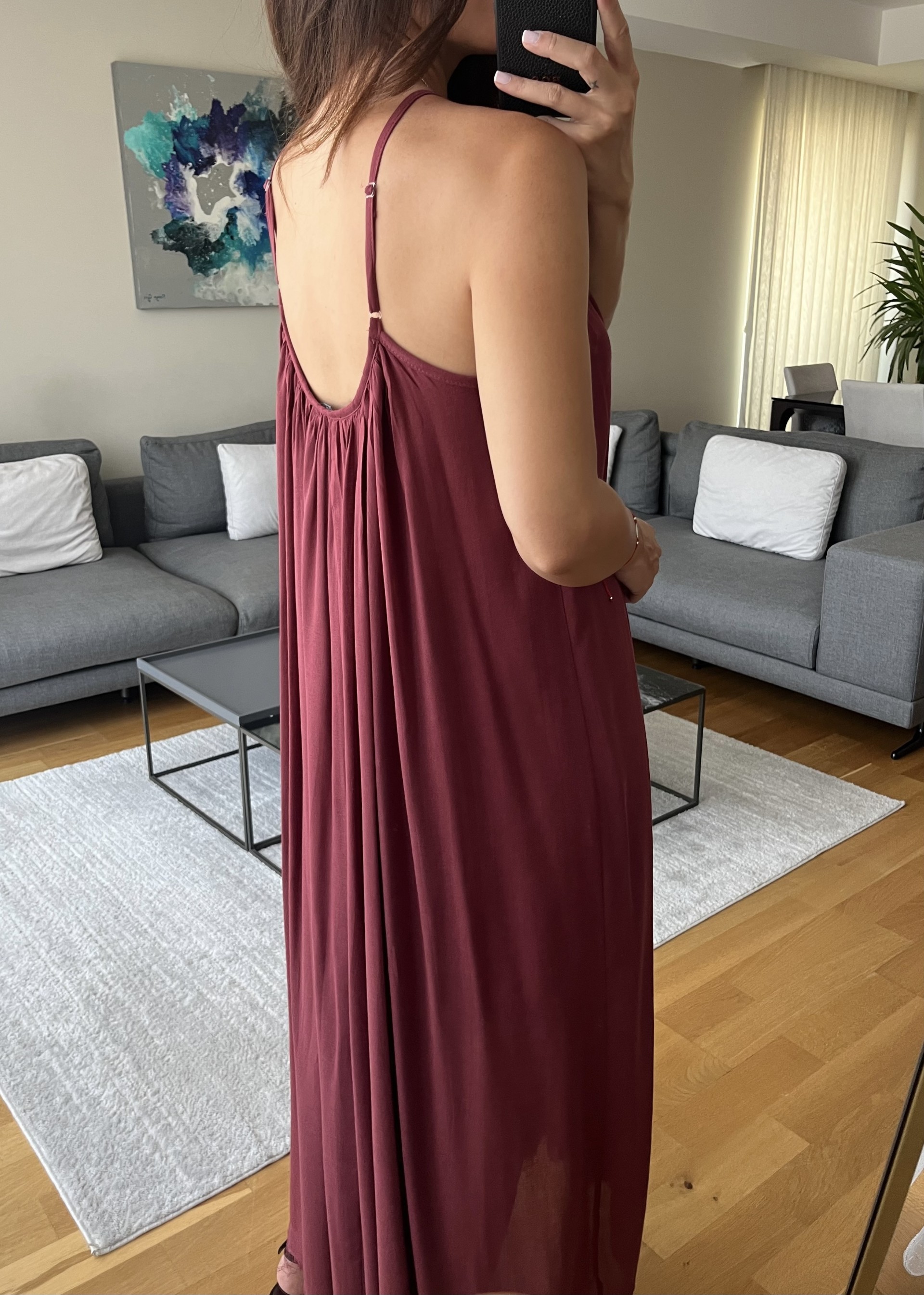 Bordo İp Askılı Astarlı Premium Elbise 