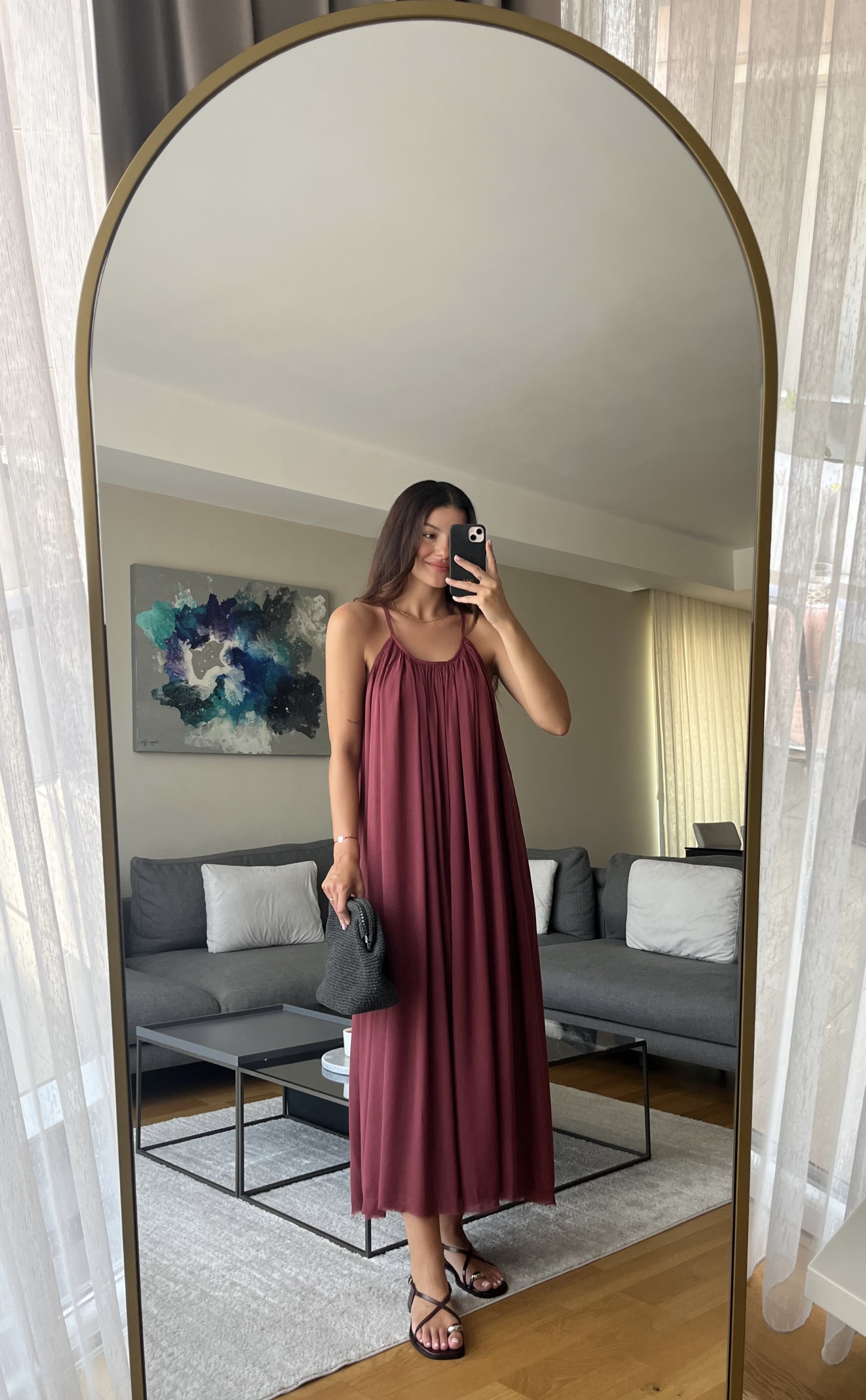 Bordo İp Askılı Astarlı Premium Elbise 