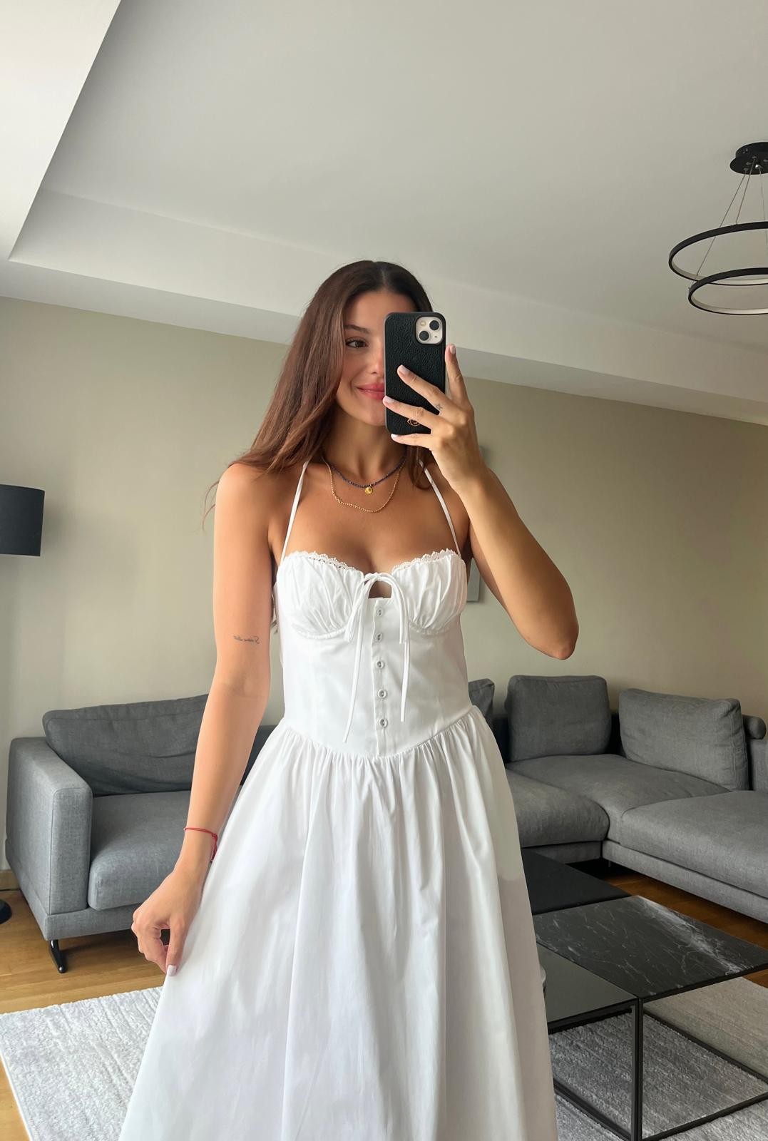 Beyaz Korse Detaylı Midi Poplin Elbise 