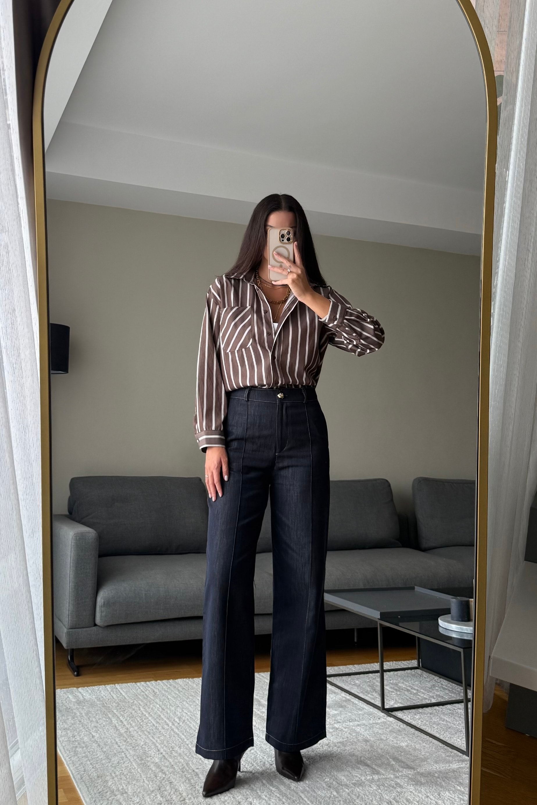 Kahve Çizgili Poplin Gömlek 