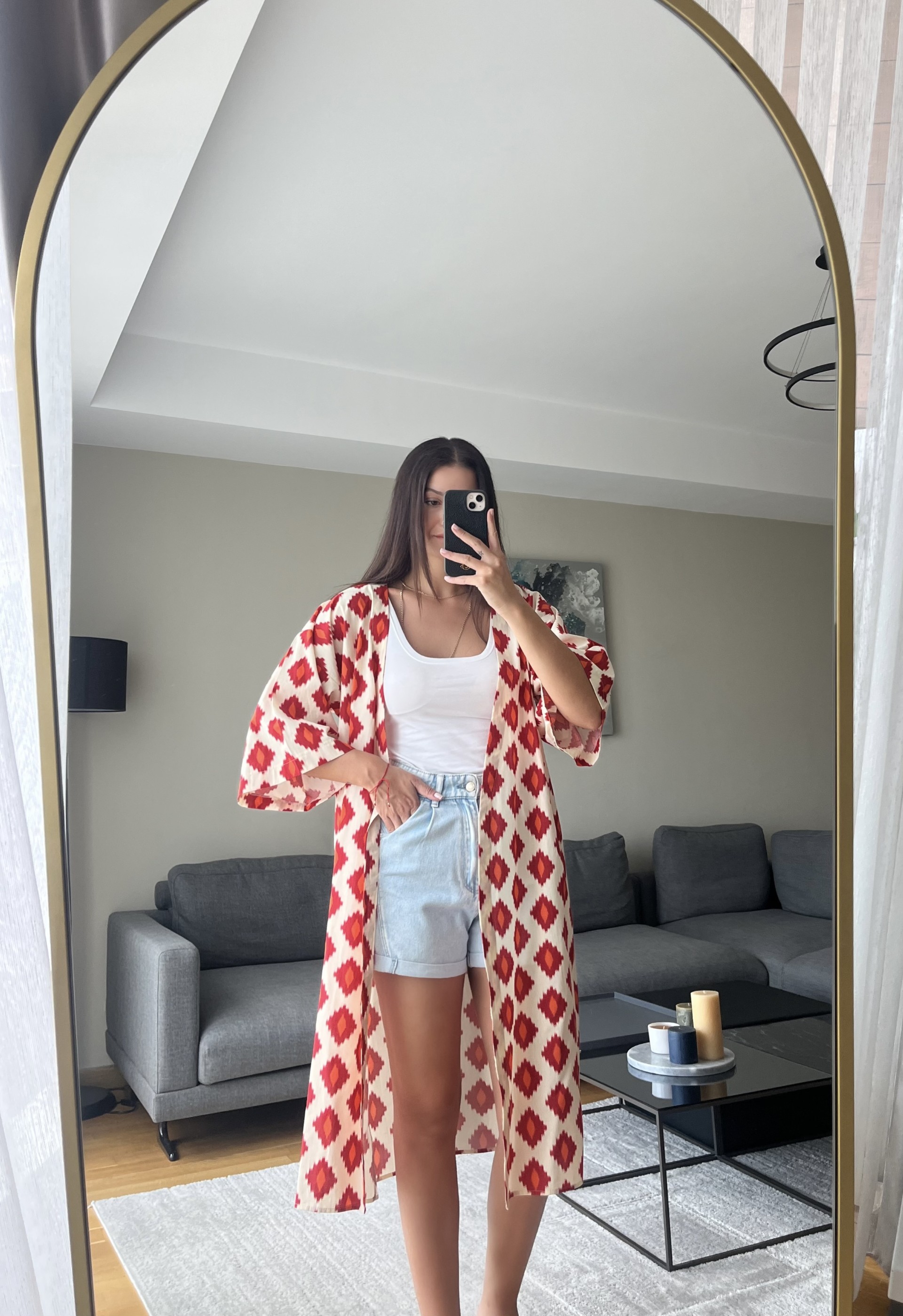Desenli Kuşaklı Kimono 