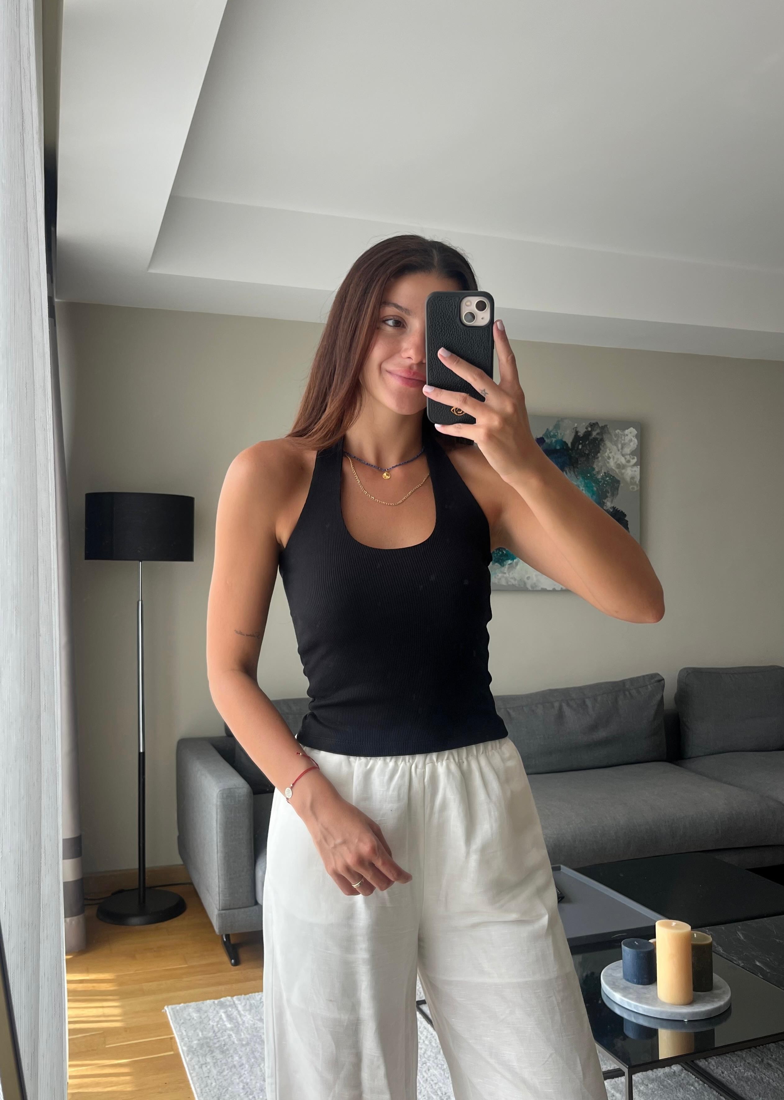 Halter Yaka Fitilli Bluz  - SİYAH