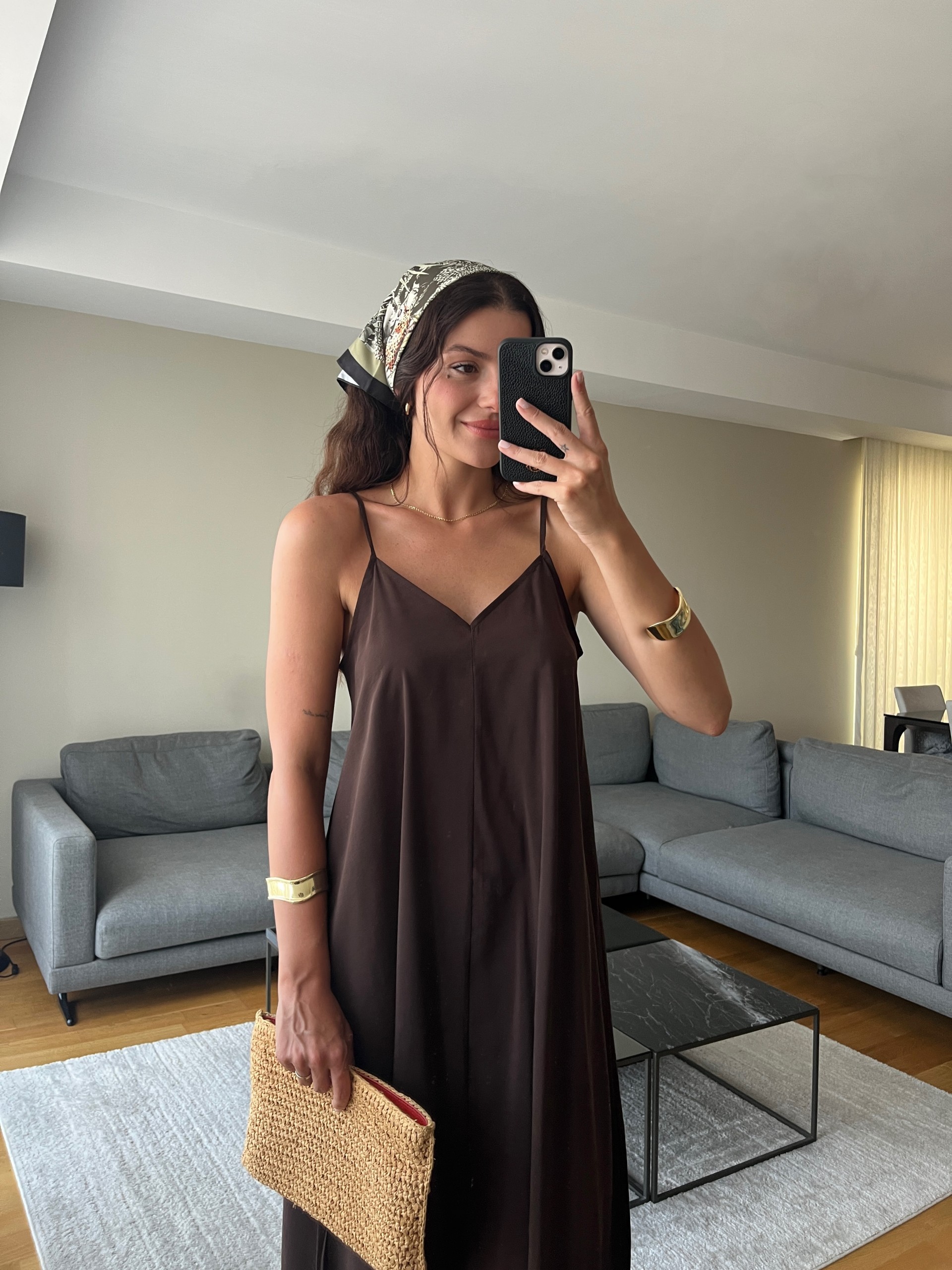 Acı Kahve İnce Askılı Uzun Elbise 