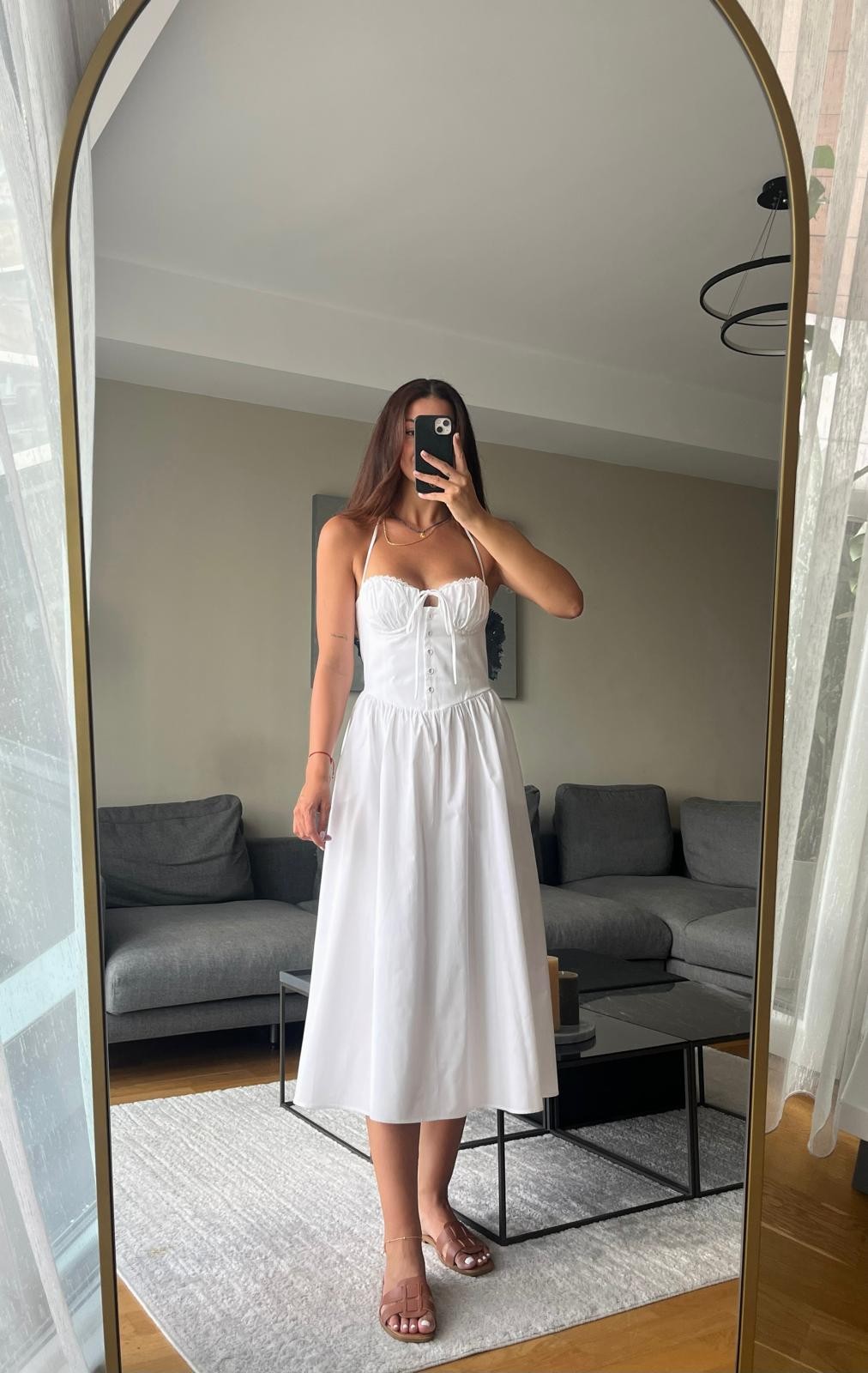 Beyaz Korse Detaylı Midi Poplin Elbise 