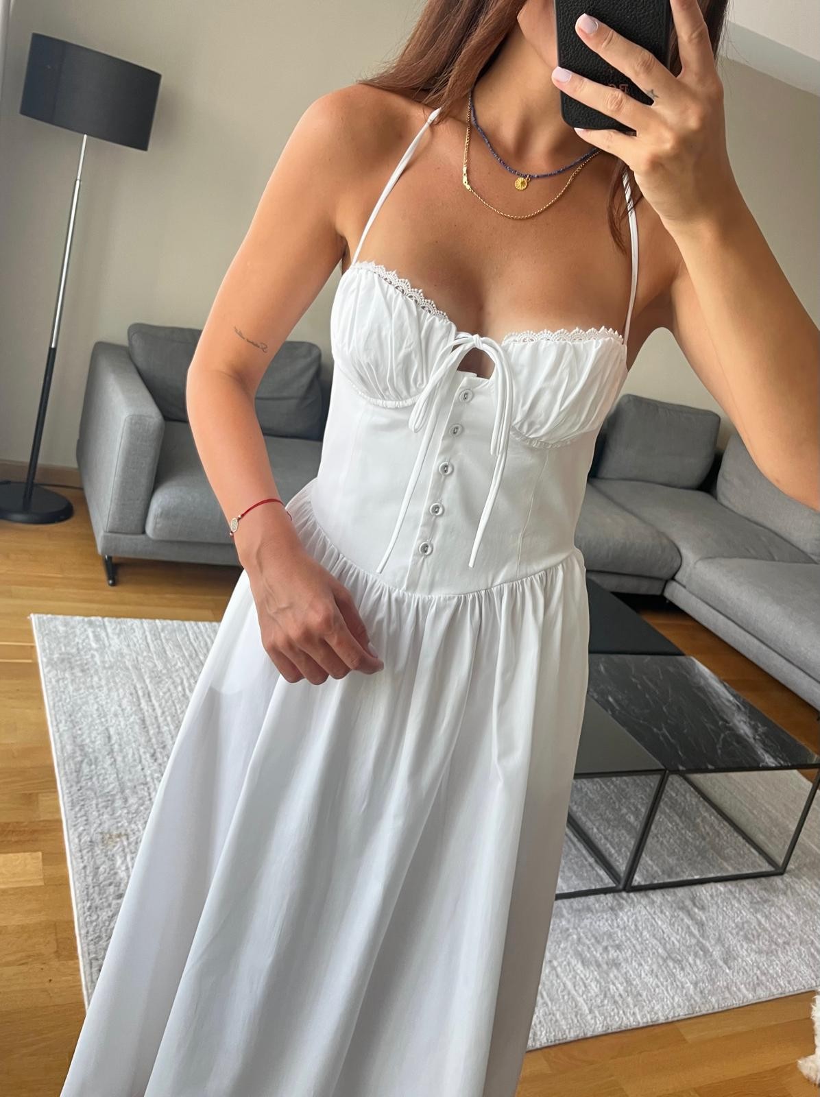 Beyaz Korse Detaylı Midi Poplin Elbise 