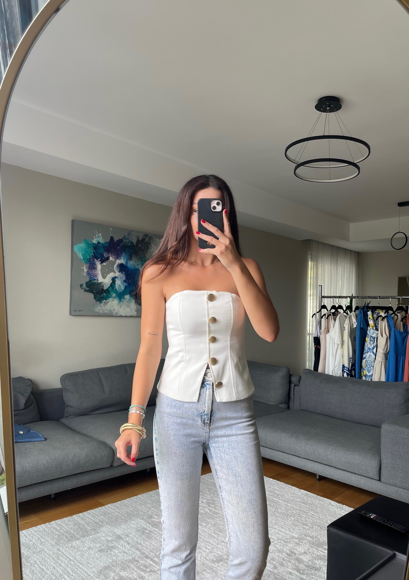 Premium Düğme Detaylı Straplez Bluz  - EKRU