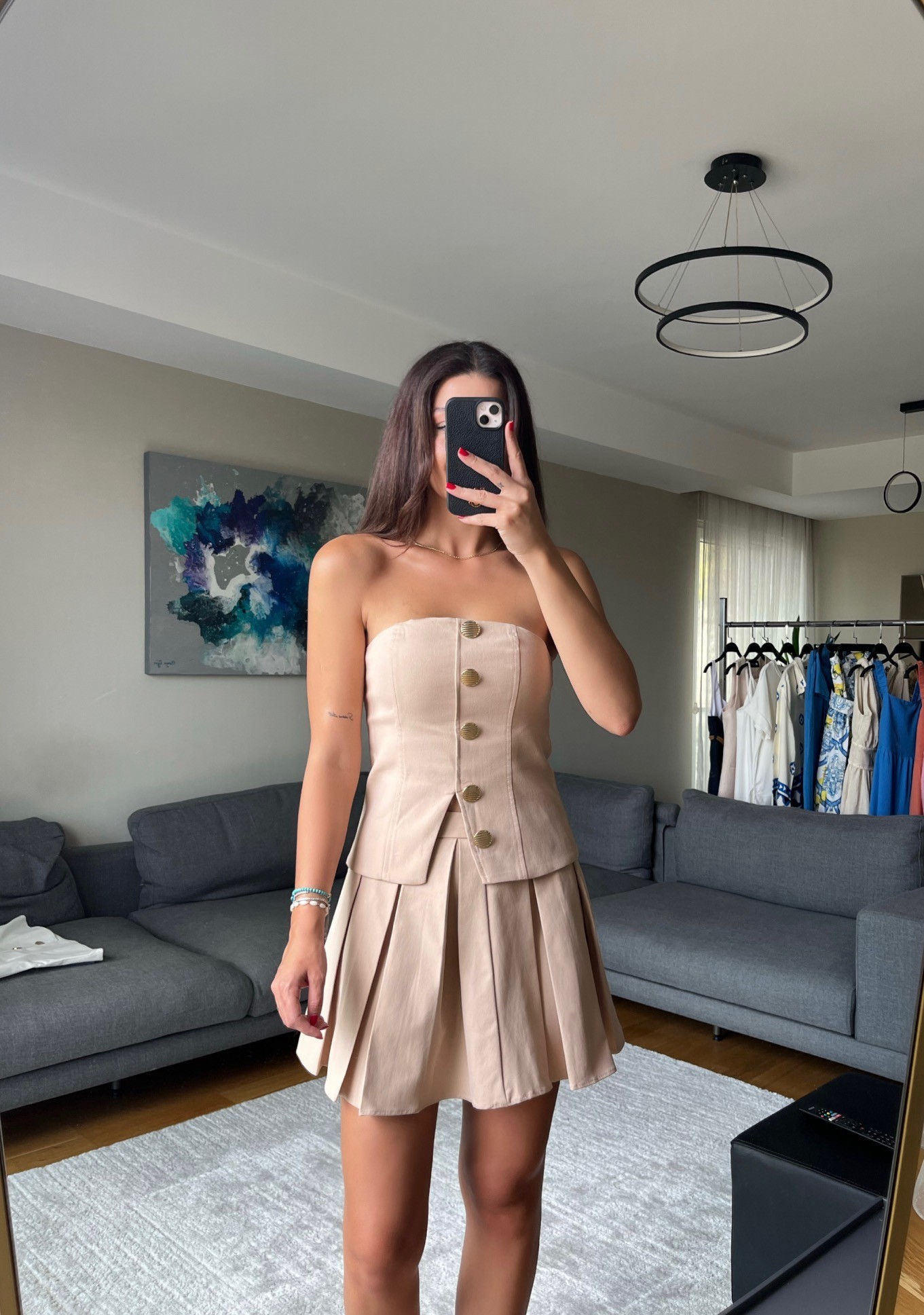 Premium Düğme Detaylı Straplez Bluz  - BEJ RENGİ