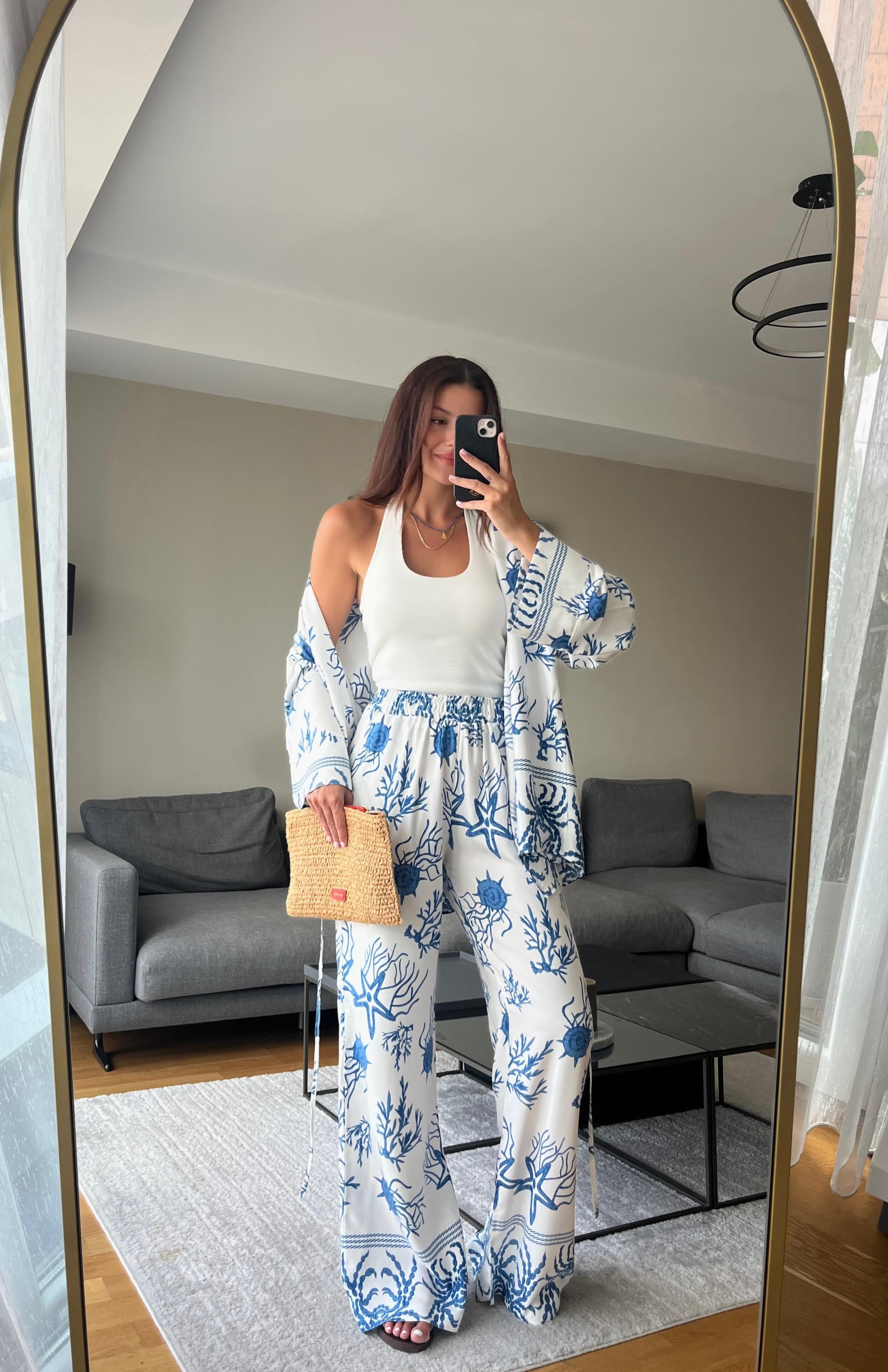 Desenli Kimono Pantolon Takım 