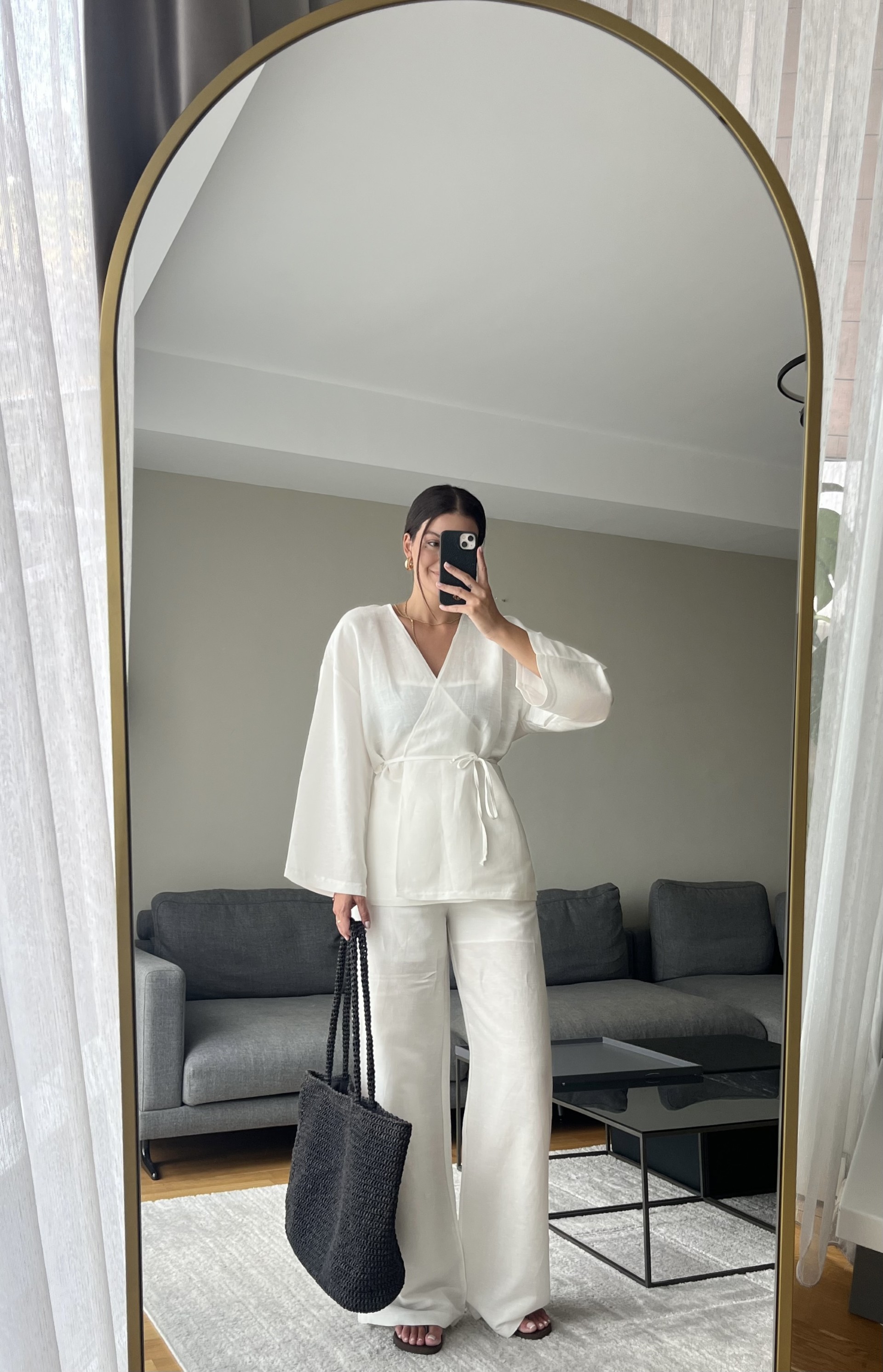 Beyaz Astarlı Keten Kimono Pantolon Takım 