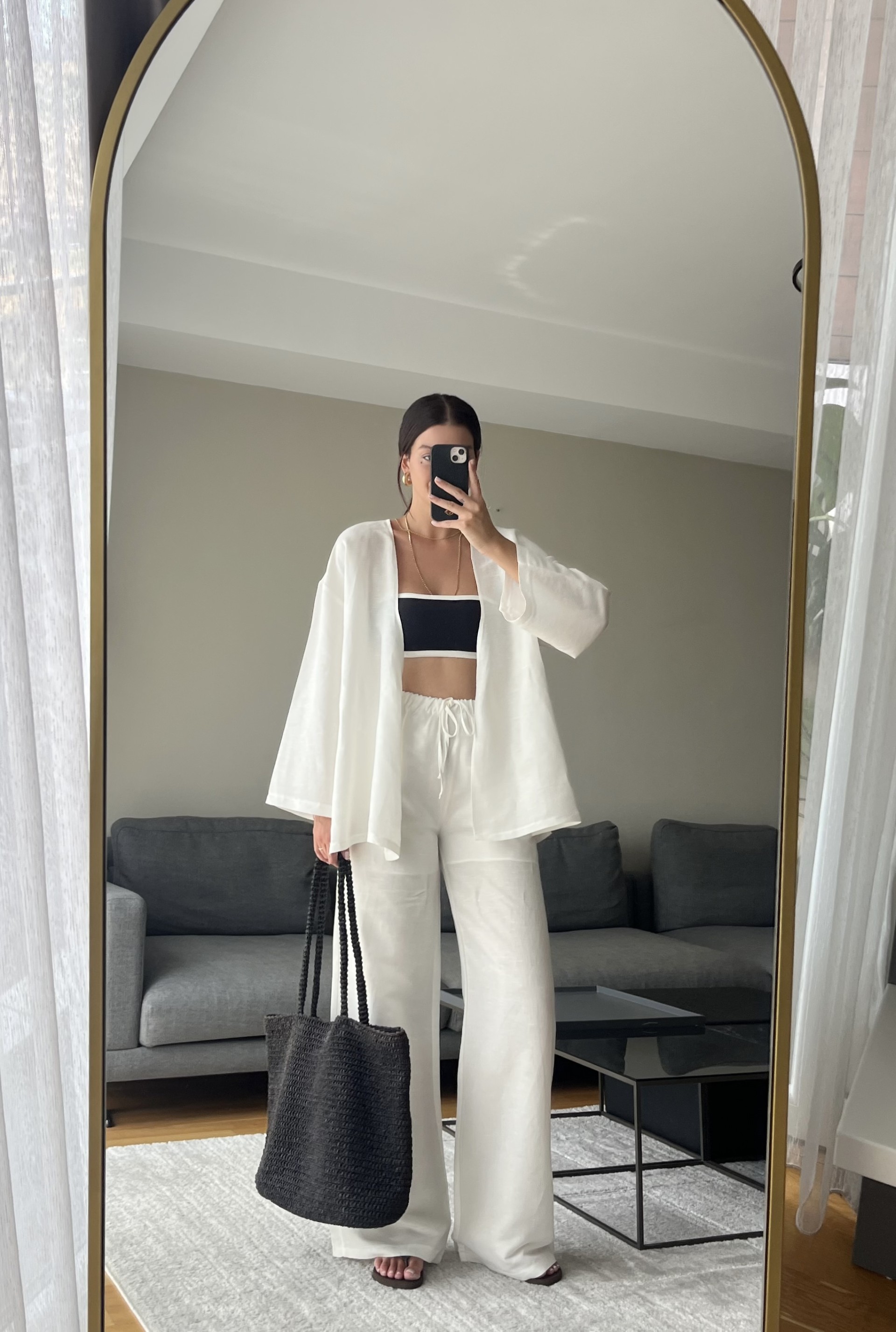 Beyaz Astarlı Keten Kimono Pantolon Takım 
