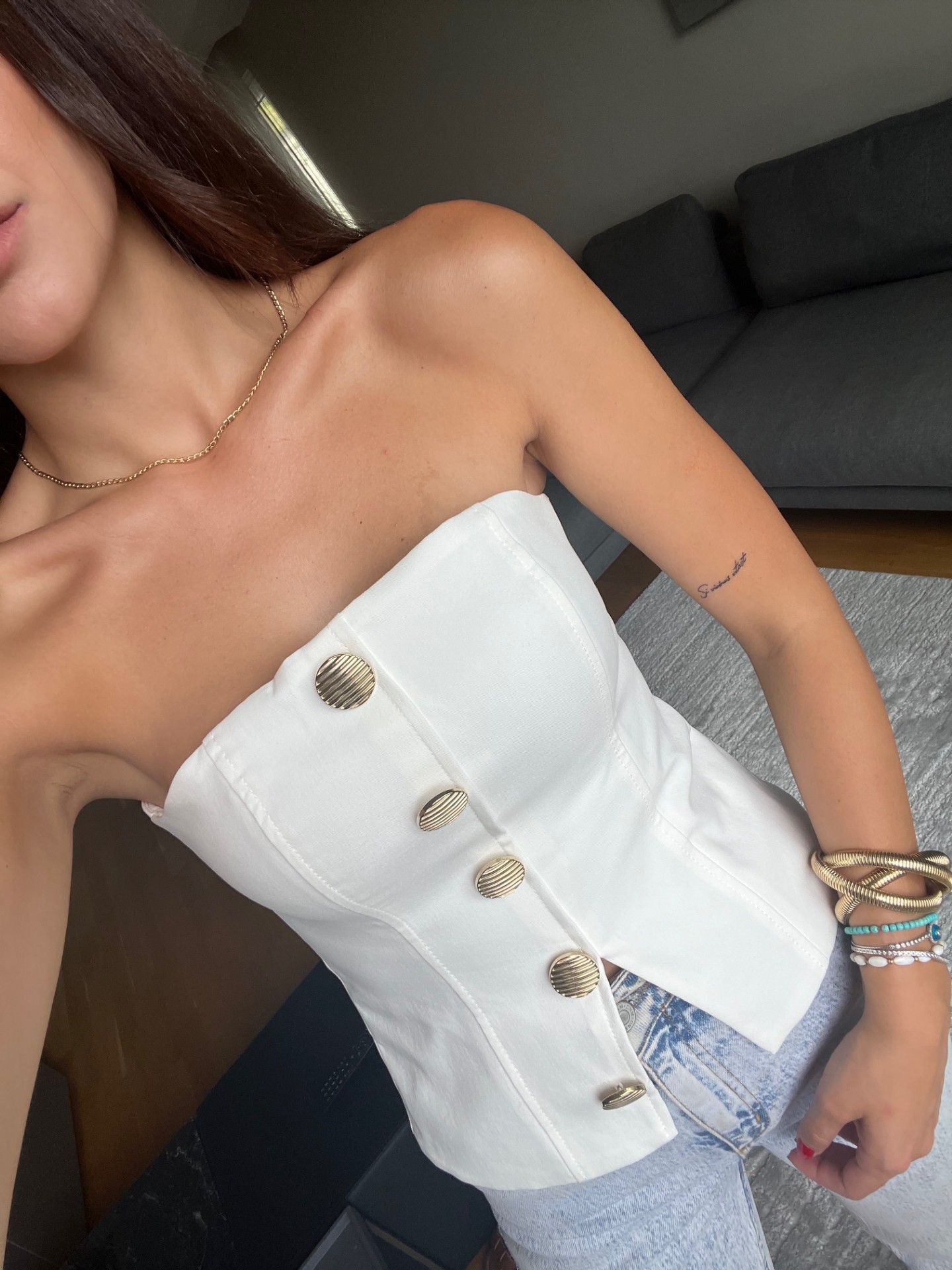 Premium Düğme Detaylı Straplez Bluz 