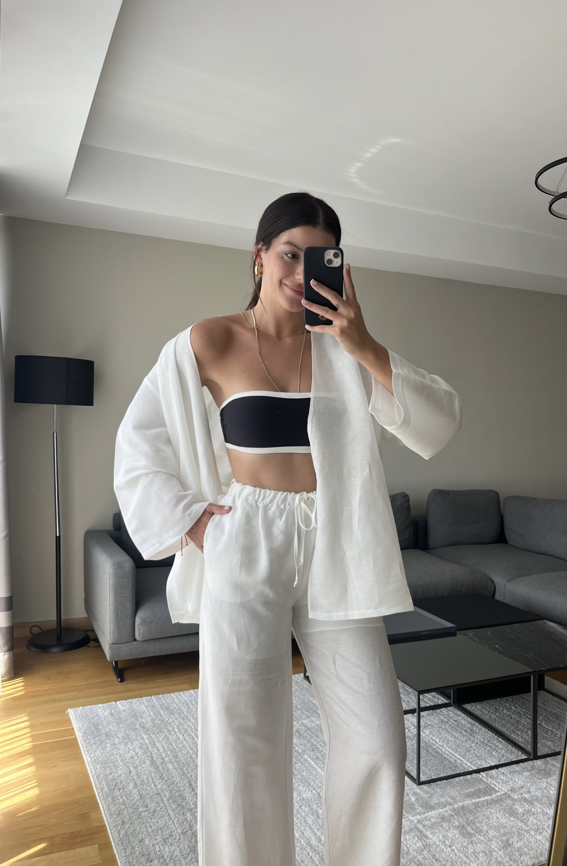 Beyaz Astarlı Keten Kimono Pantolon Takım 