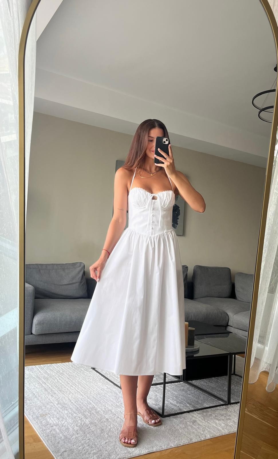 Beyaz Korse Detaylı Midi Poplin Elbise 