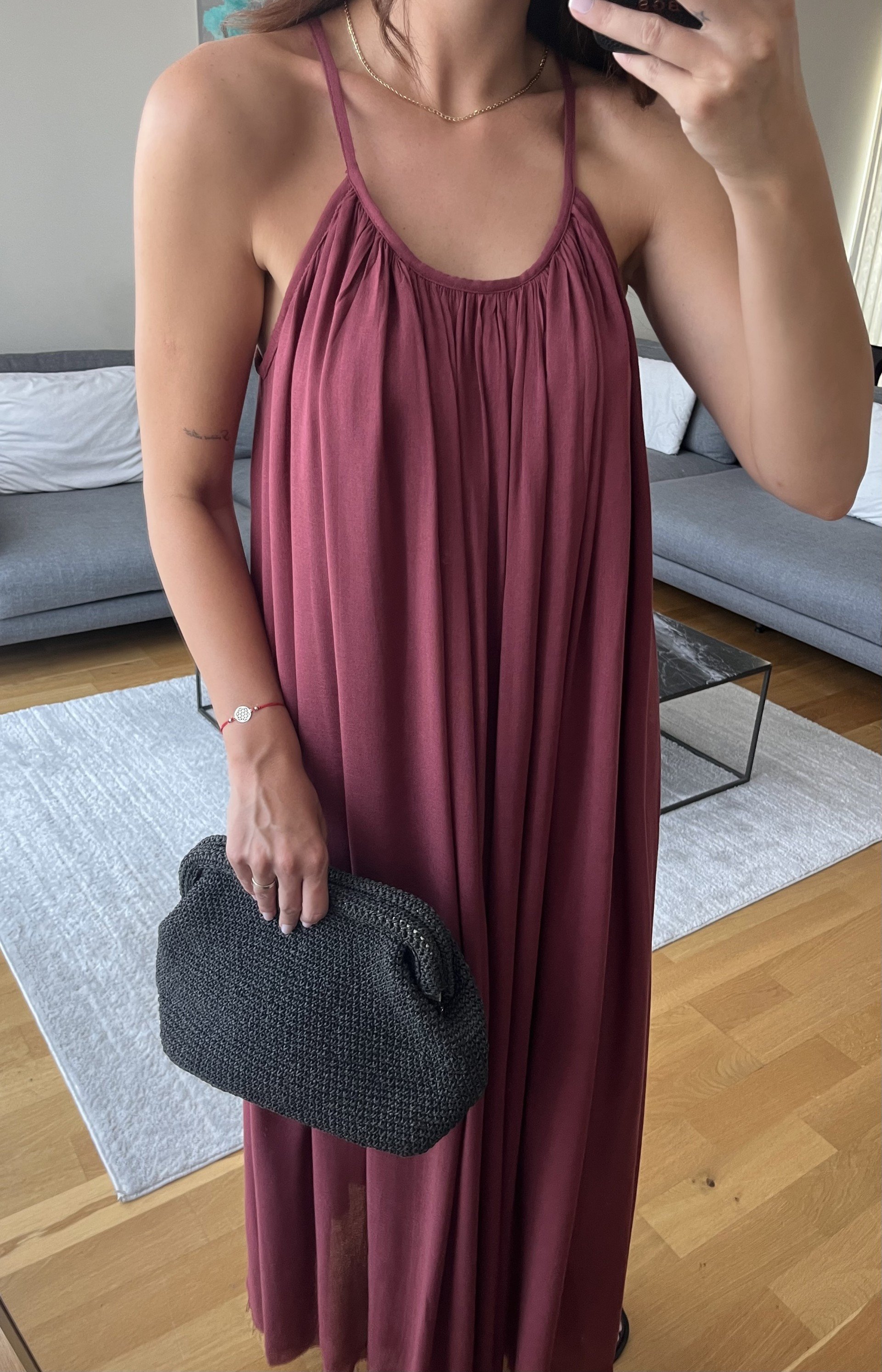 Bordo İp Askılı Astarlı Premium Elbise 