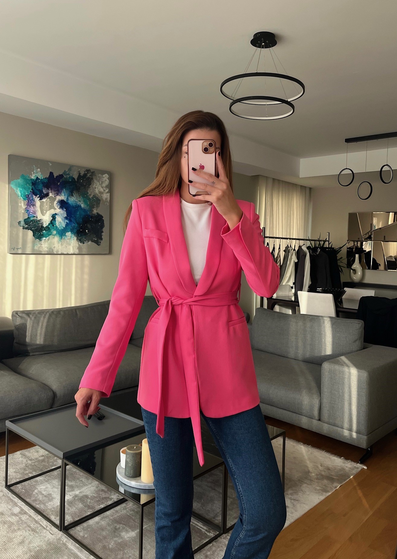 Pembe Vatkalı Kuşak Detaylı Blazer Ceket 