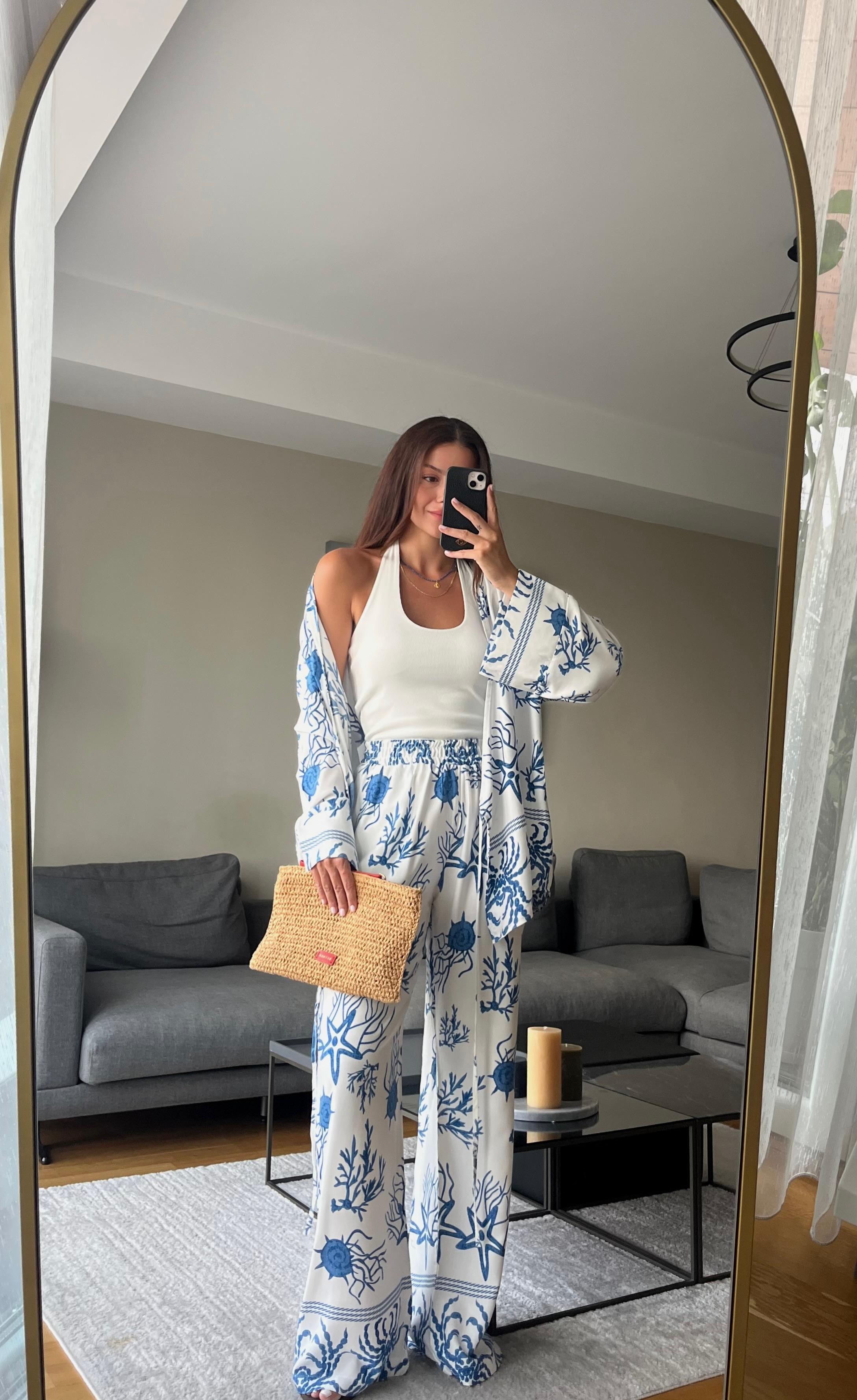 Desenli Kimono Pantolon Takım 