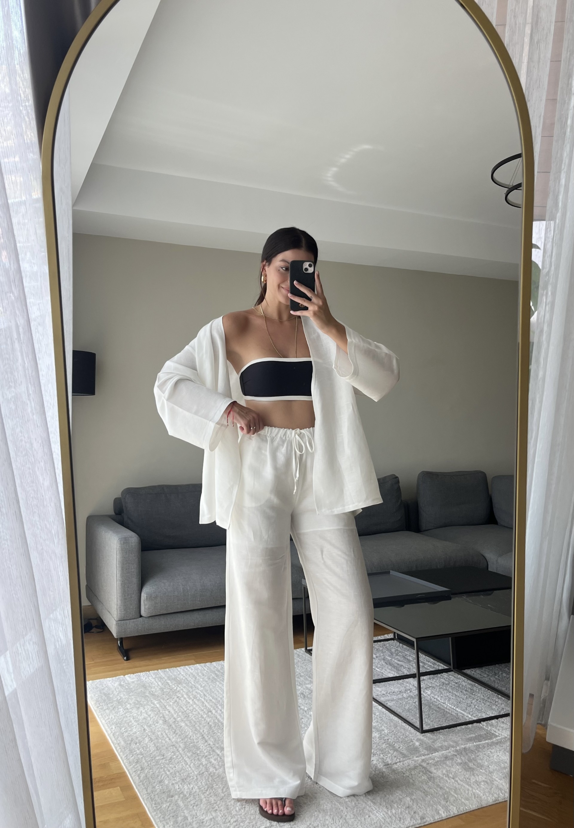 Beyaz Astarlı Keten Kimono Pantolon Takım 
