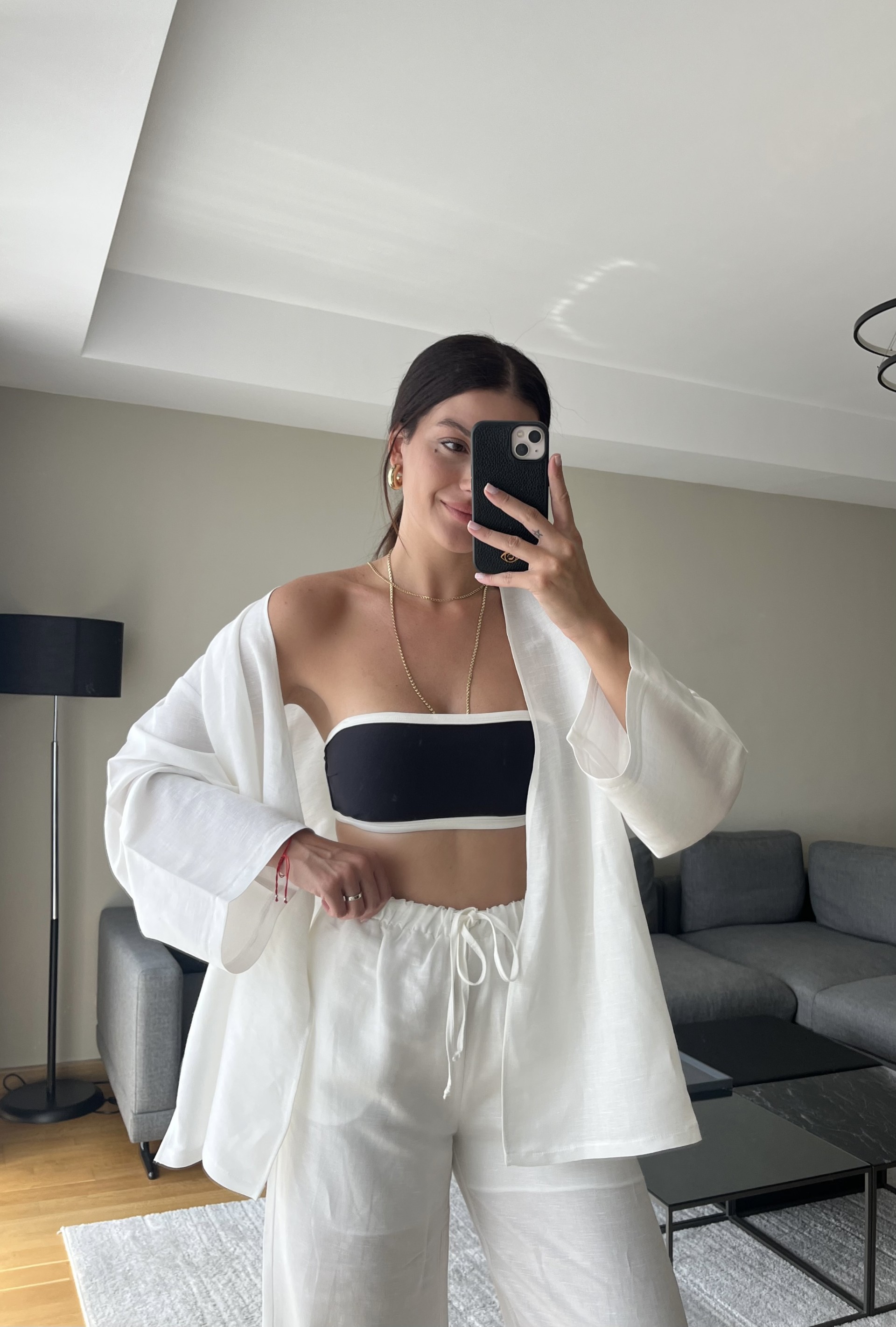 Beyaz Astarlı Keten Kimono Pantolon Takım 