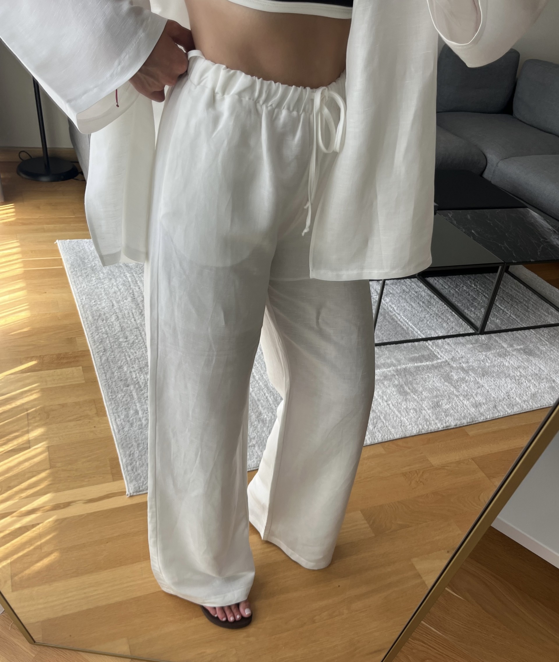 Beyaz Astarlı Keten Kimono Pantolon Takım 