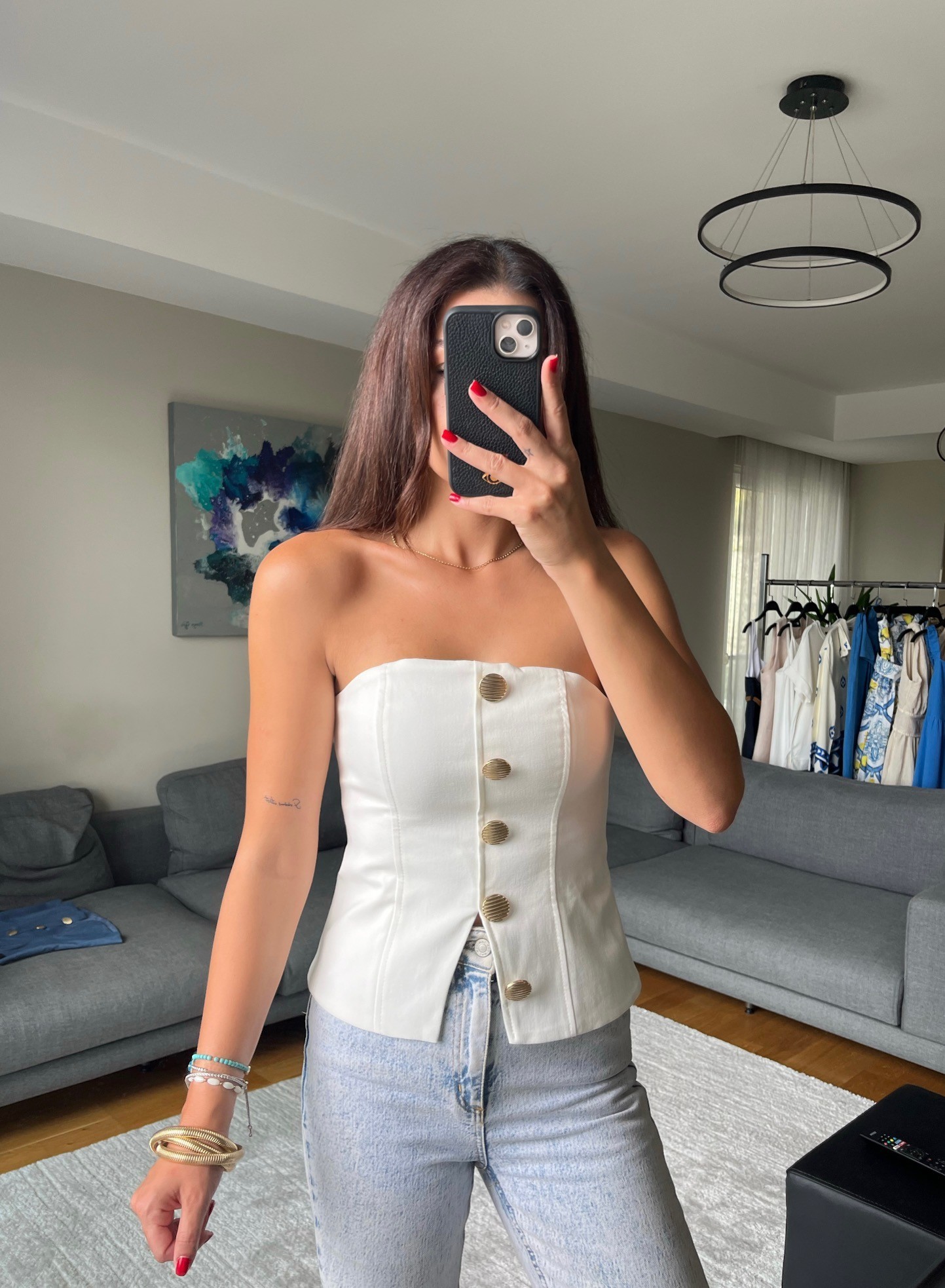 Premium Düğme Detaylı Straplez Bluz 