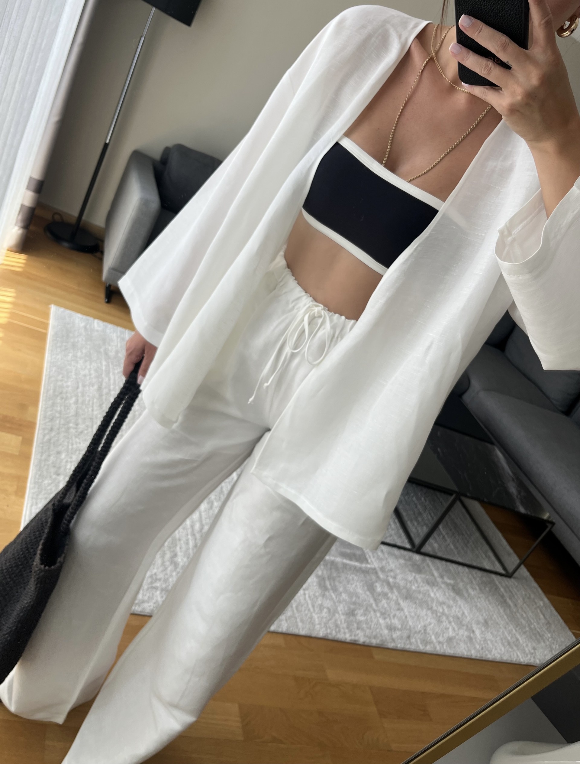 Beyaz Astarlı Keten Kimono Pantolon Takım 