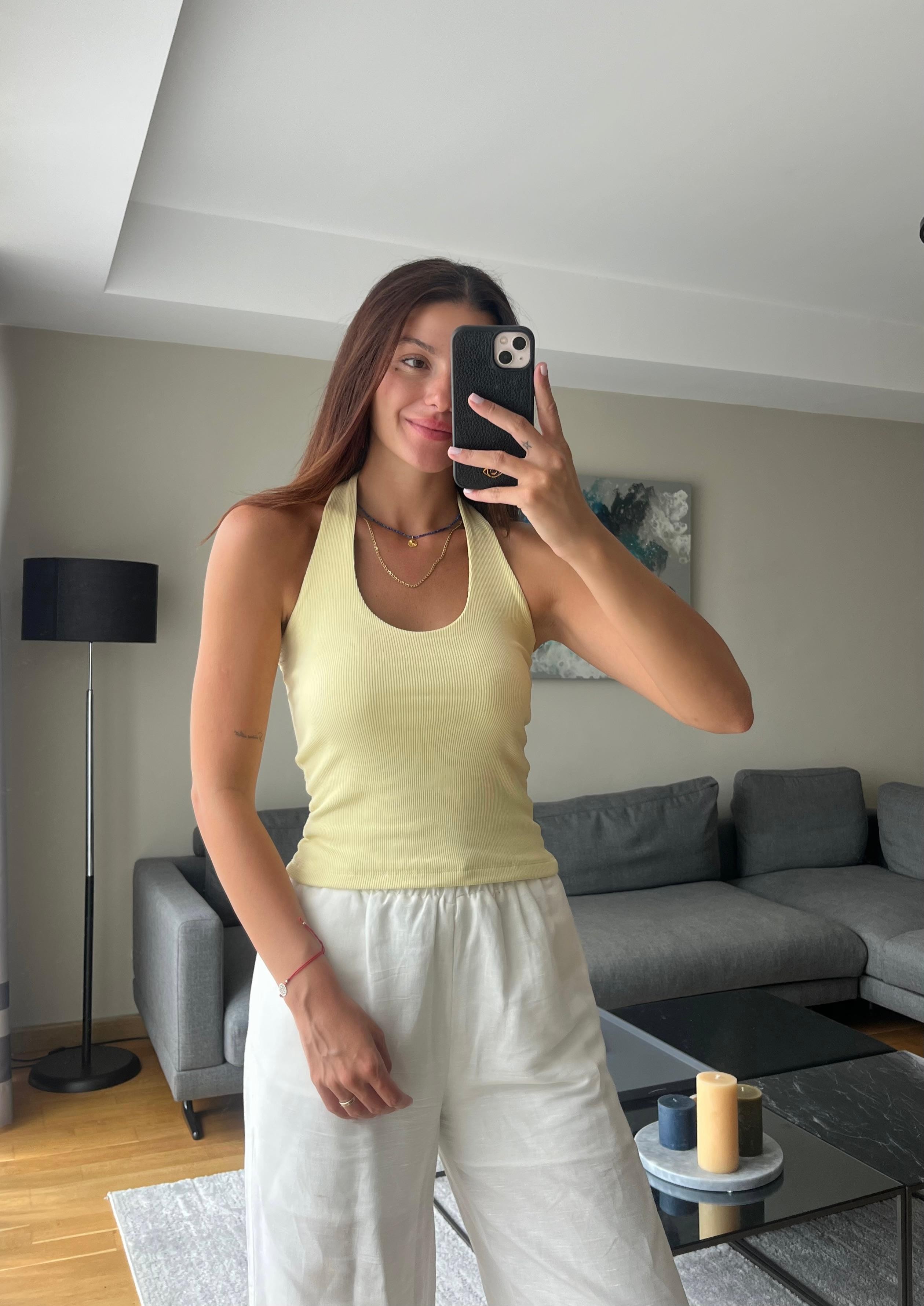 Halter Yaka Fitilli Bluz  - SARI