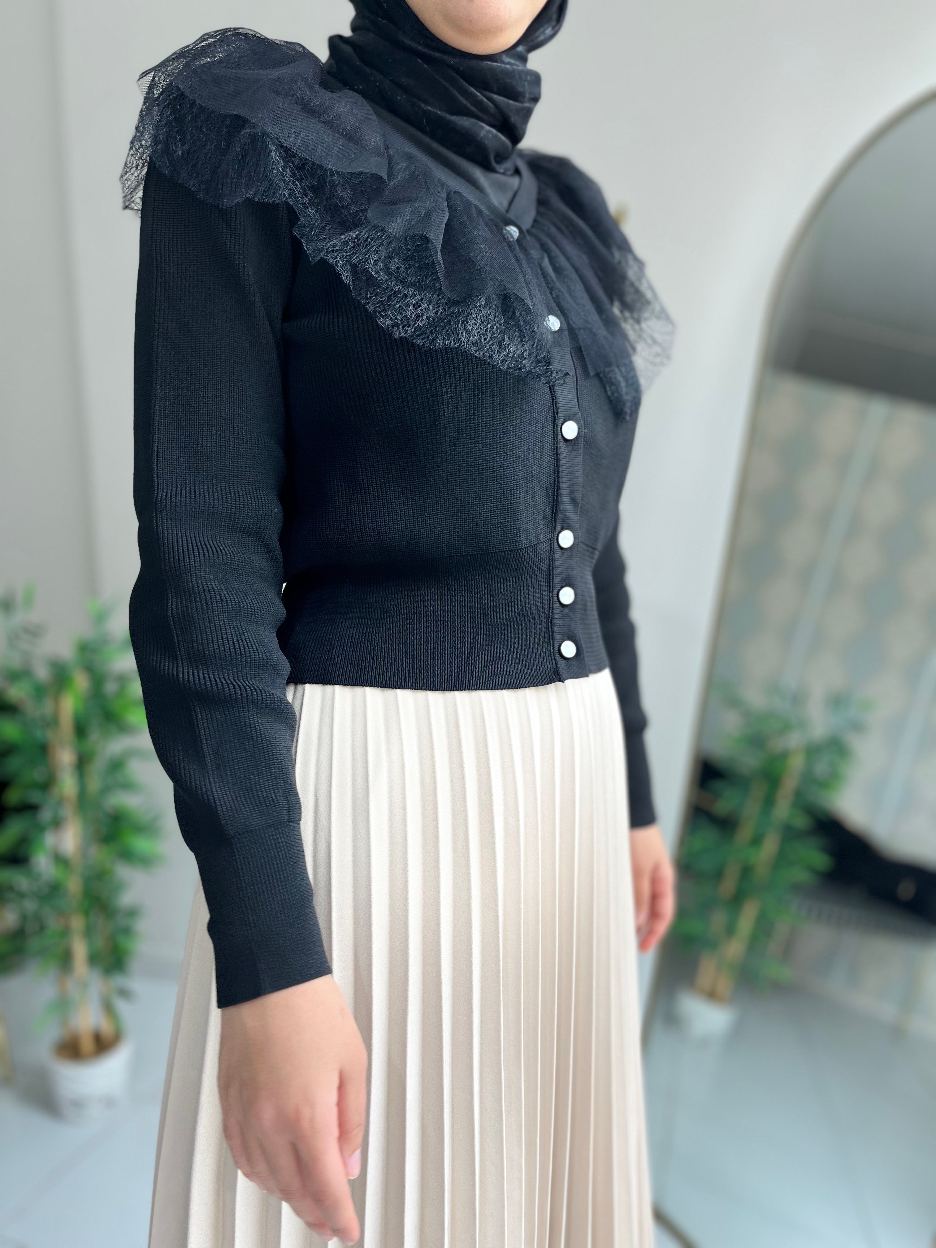 Tüllü Triko Hırka - Siyah