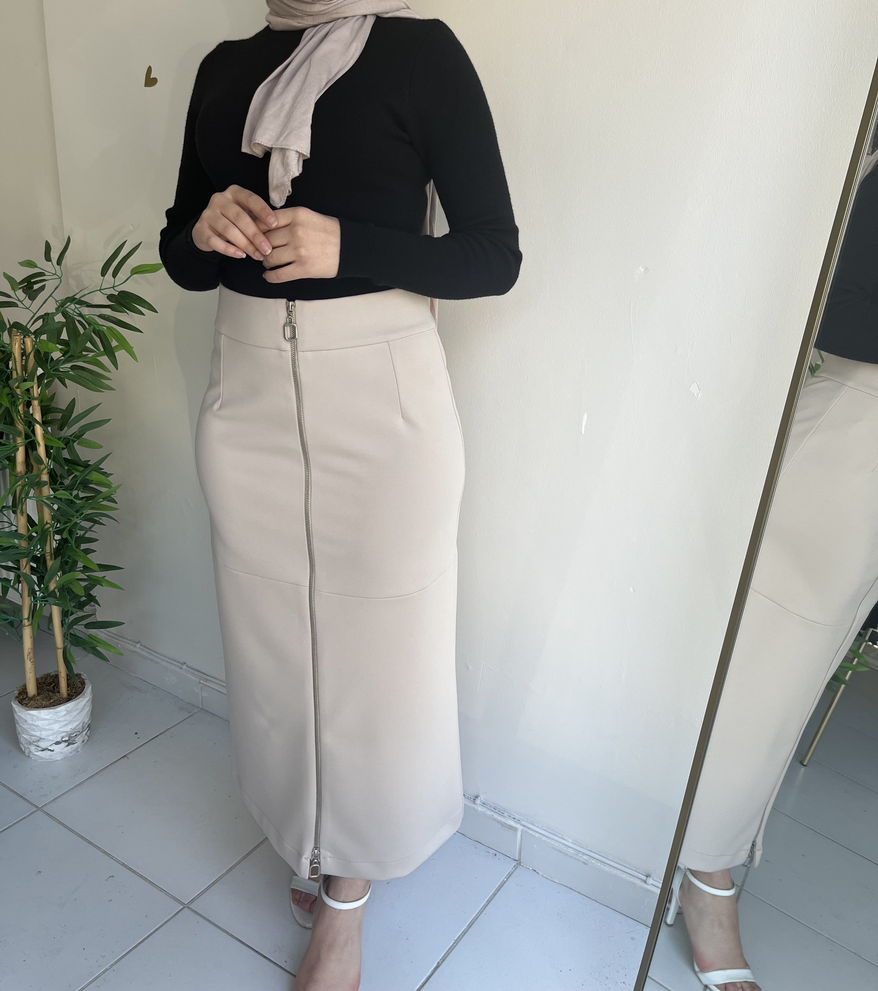 Fermuarlı Etek - Krem