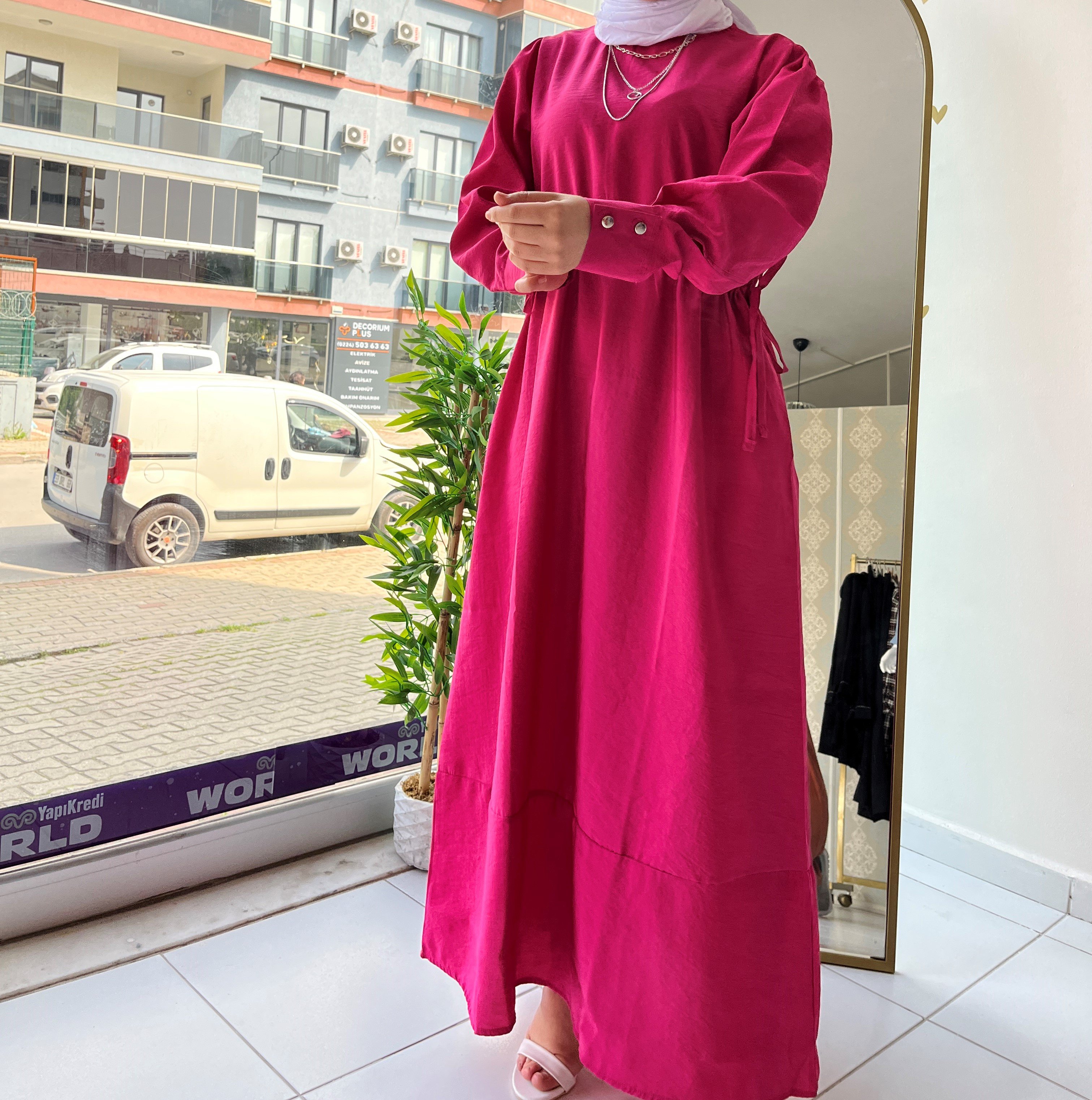 Belden Büzgülü Elbise - Pembe