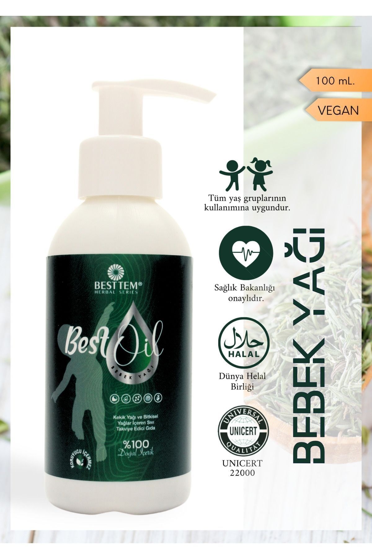 BESTTEM BESTOİL BEBEK YAĞI KORUYUCU IÇERMEZ, SÜRÜLEBİLİR IÇİLEBİLİR %100 DOĞAL 100ML