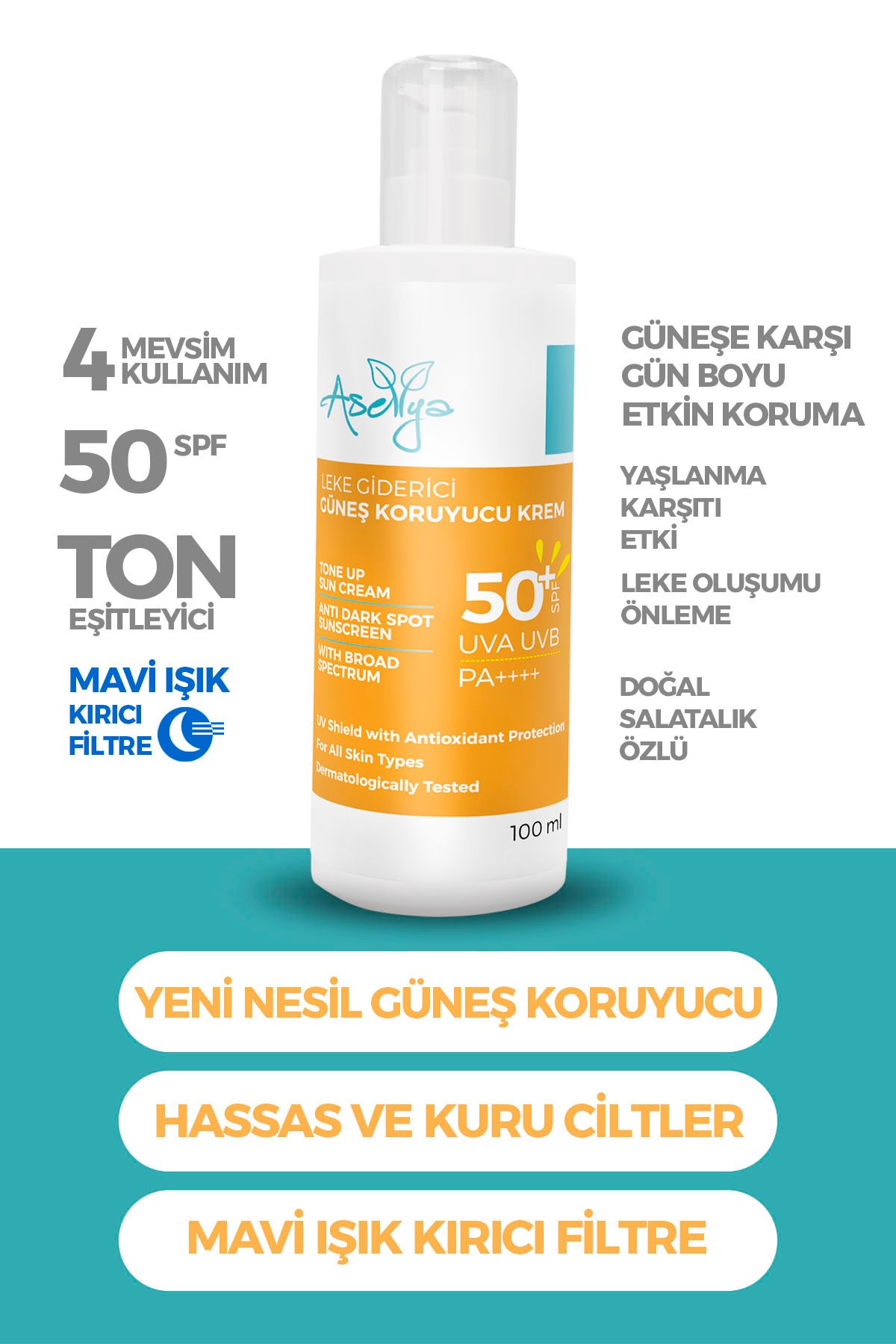 Aselya Leke Karşıtı Ve Cilt Tonu Eşitleyici 50 Spf Güneş Kremi - 100 ml