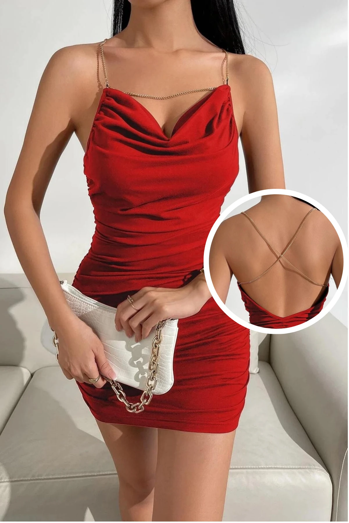 Kadın Kırmızı Göğüs Degajeli Zincir Detaylı Büzgülü Seksi Elbise