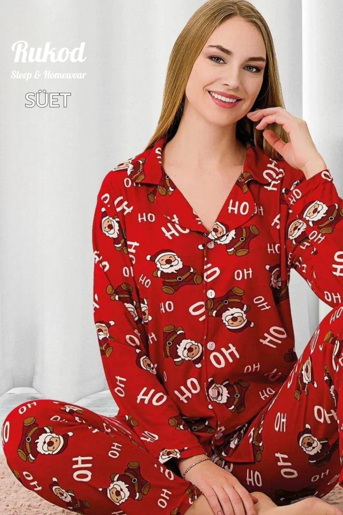 Kadın Uzun Kollu Gömlek Yaka Düğmeli Yılbaşı Noel Baba Desenli Süet Alt Üst Pijama Takımı