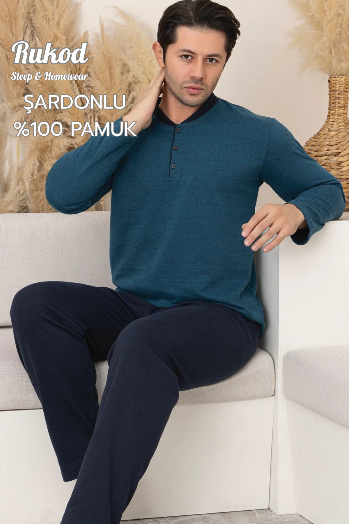 Erkek Yarım Düğmeli Pamuklu İçi Şardonlu Kalın Uzun Kollu Pijama Takımı