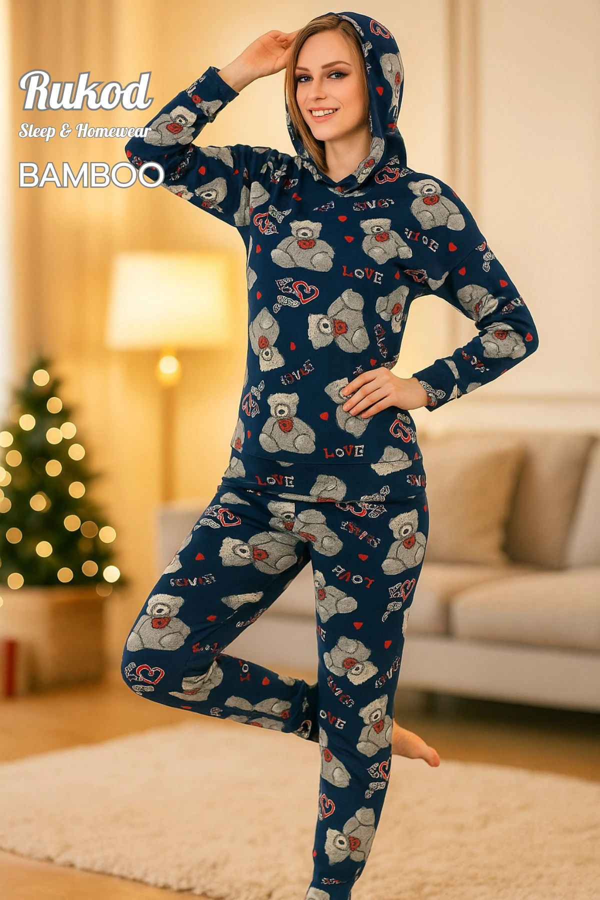 Kadın Kapşonlu Mavi Renk Ayıcık Desenli Likralı Kol ve Bilek Manşet Detaylı Pijama Takımı