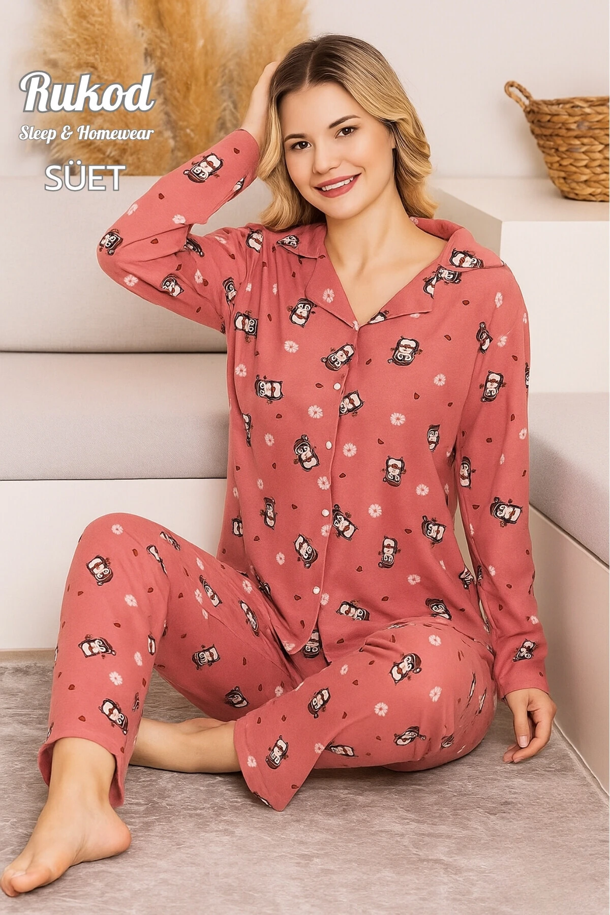 Kadın Kışlık Penguen Desenli Peluş Gömlek Yaka Düğmeli Alt Üst Süet Pijama Takımı