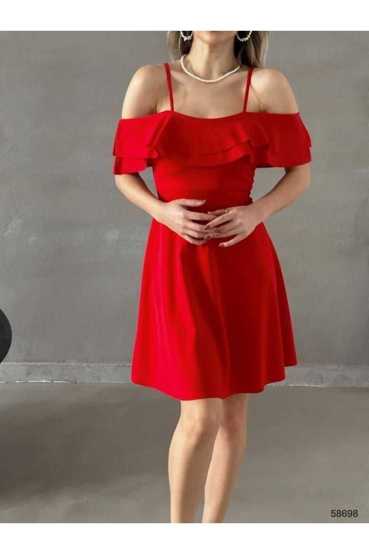 Kadın Kırmızı Fırfır Yaka Kolsuz Omzu ve Sırtı Açık Likralı Midi Krep Scuba Abiye Elbise