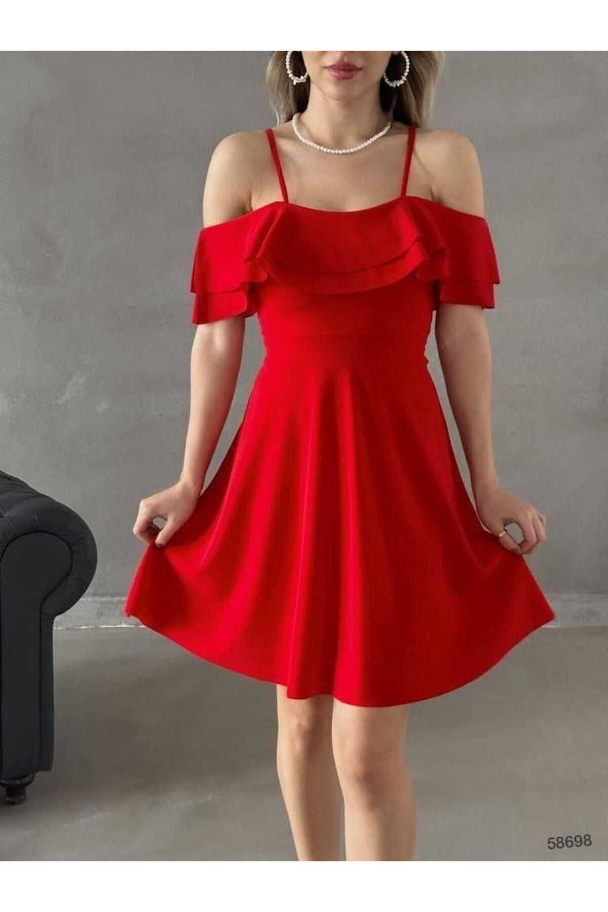 Kadın Kırmızı Fırfır Yaka Kolsuz Omzu ve Sırtı Açık Likralı Midi Krep Scuba Abiye Elbise