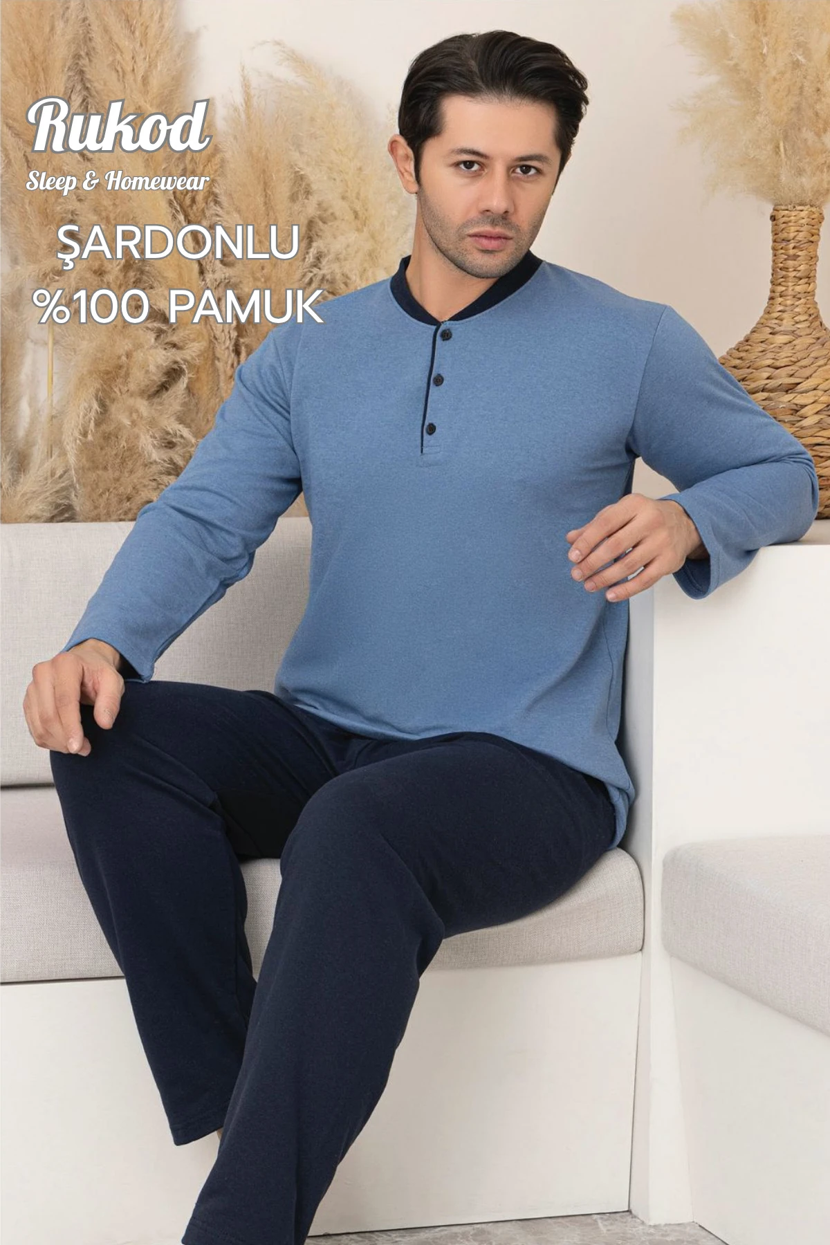 Erkek Yarım Düğmeli Pamuklu İçi Şardonlu Kalın Uzun Kollu Pijama Takımı