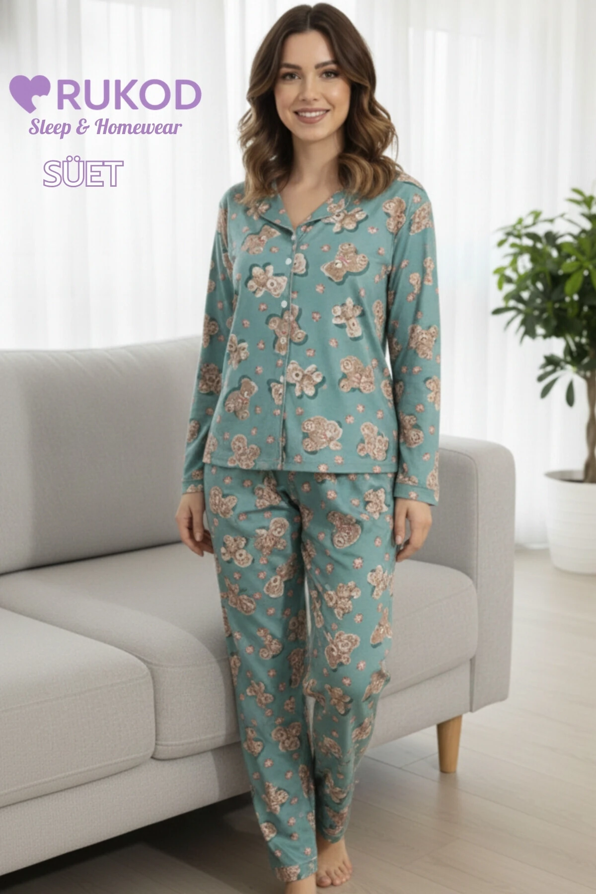 Kadın Mint Yeşili Ayı Desenli Süet Kışlık Gömlek Yaka Uzun Kol Pijama Takımı