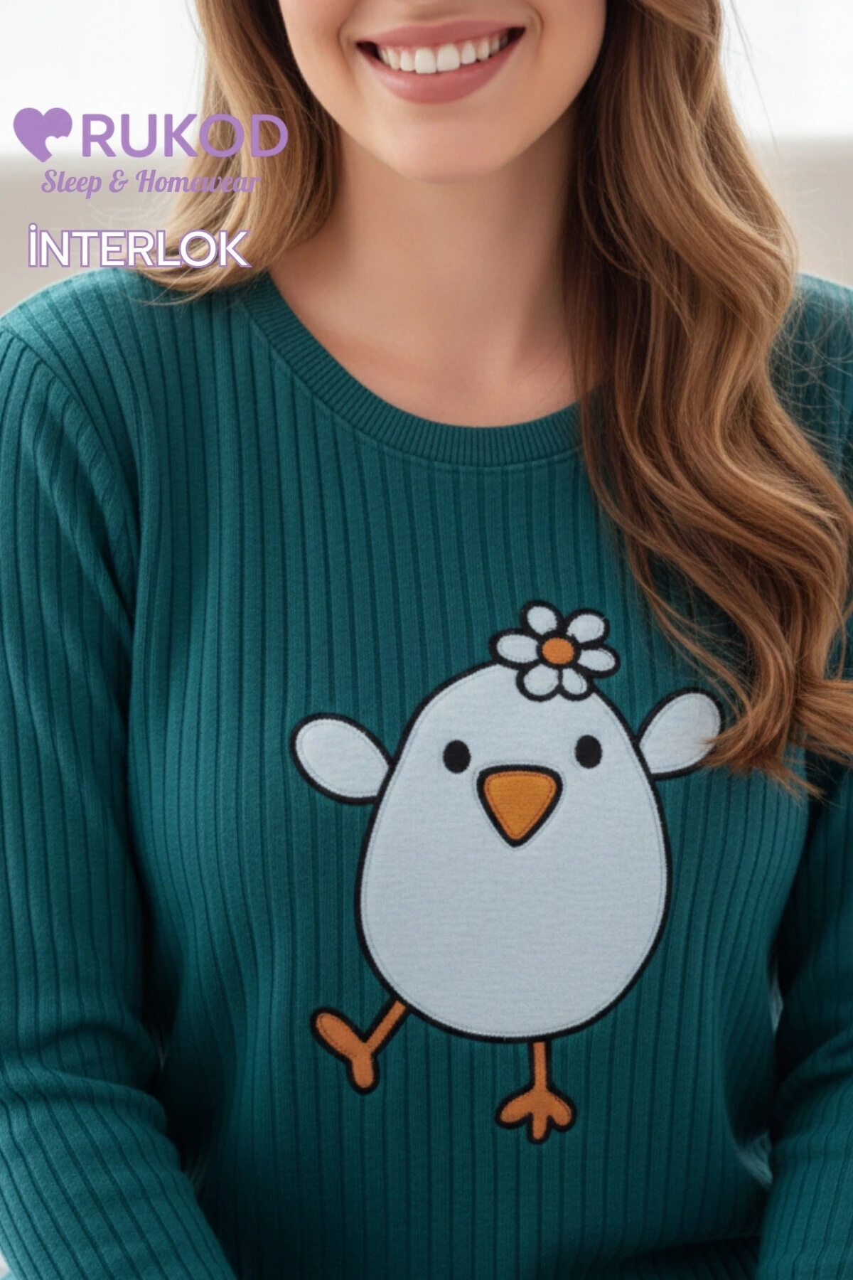 Kadın Fitilli Ribana Koyu Yeşil Civciv Desenli Kışlık Bisiklet Yaka Pijama Takımı