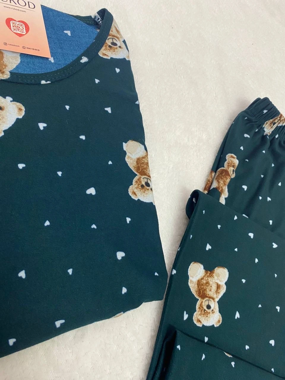 Kadın Uzun Kollu Ayıcık Desenli Bisiklet Yaka Pijama Takımı