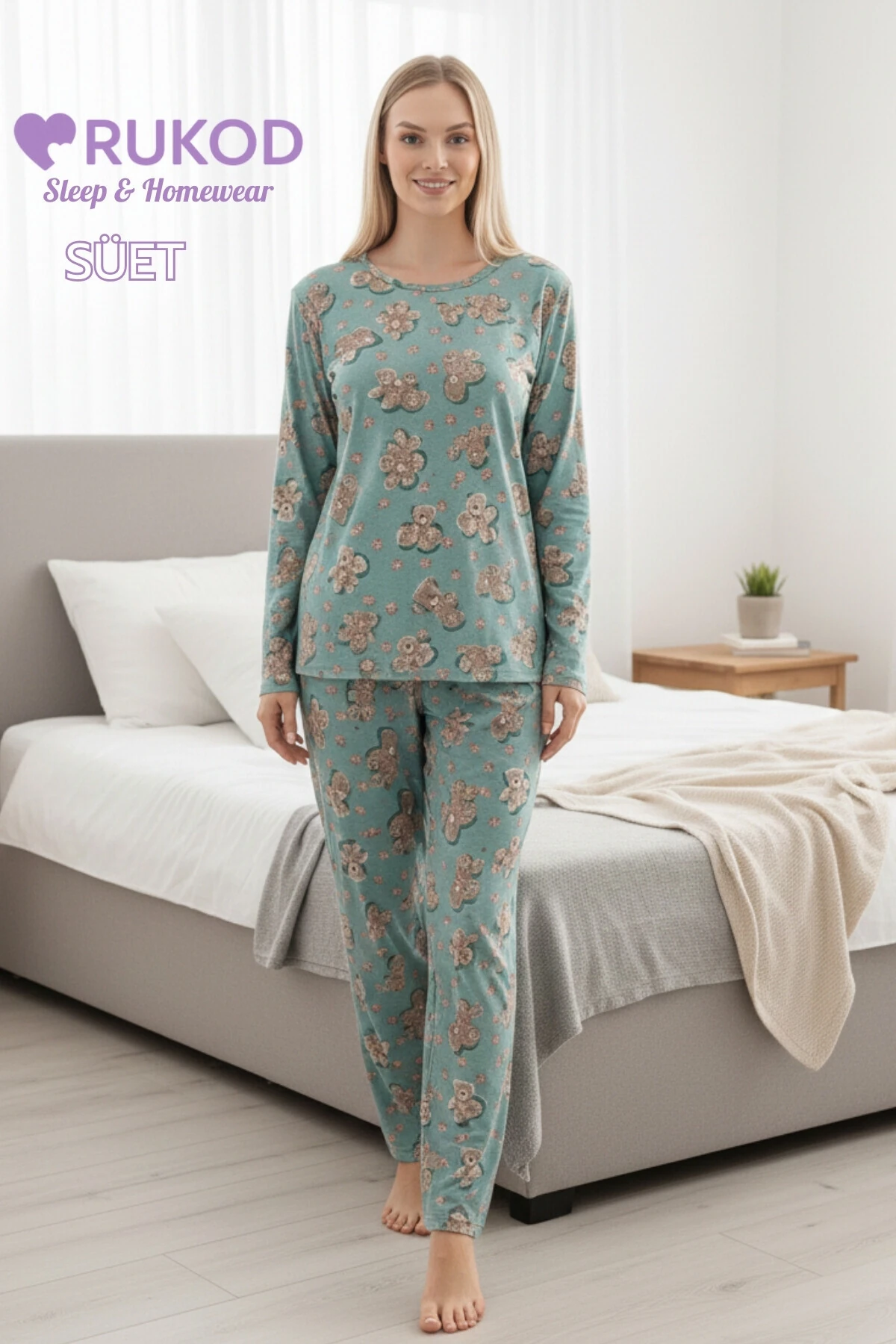 Kadın Mint Yeşili Ayı Desenli Kışlık Bisiklet Yaka Uzun Kol Pijama Takımı