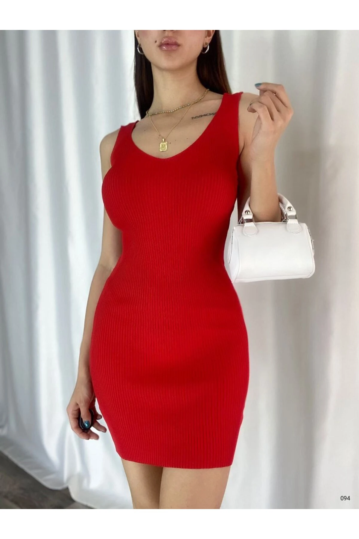 Kadın Kırmızı U Yaka Kolsuz Askılı Fitilli Likralı Mini Triko Kalem Elbise