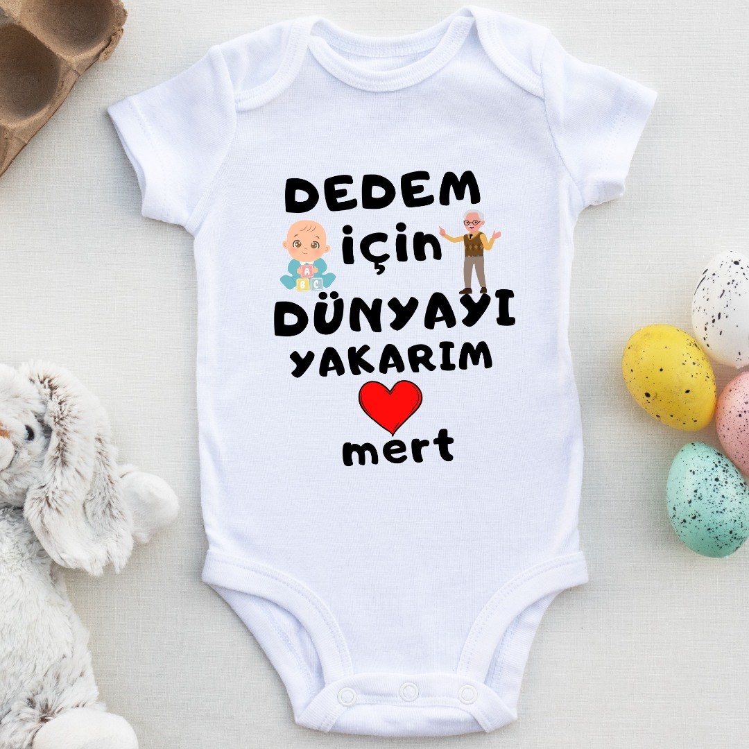 Dedem için Dünyayı Yakarım Yazılı Kişiye özel Erkek Bebek Zıbın