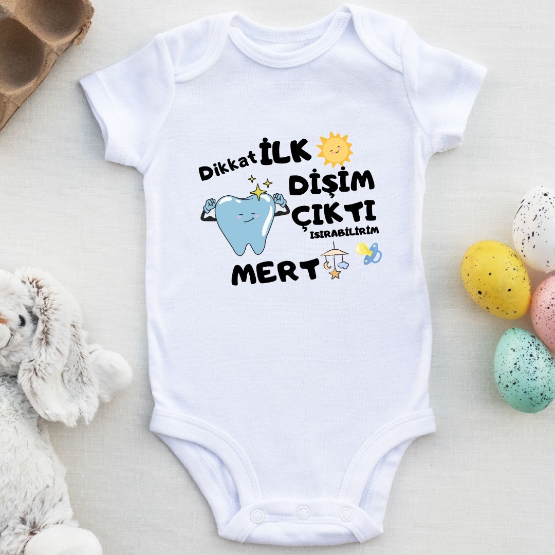 Dikkat İlk Dişim Çıktı Isırabilirim Yazılı Erkek Bebek Zıbın