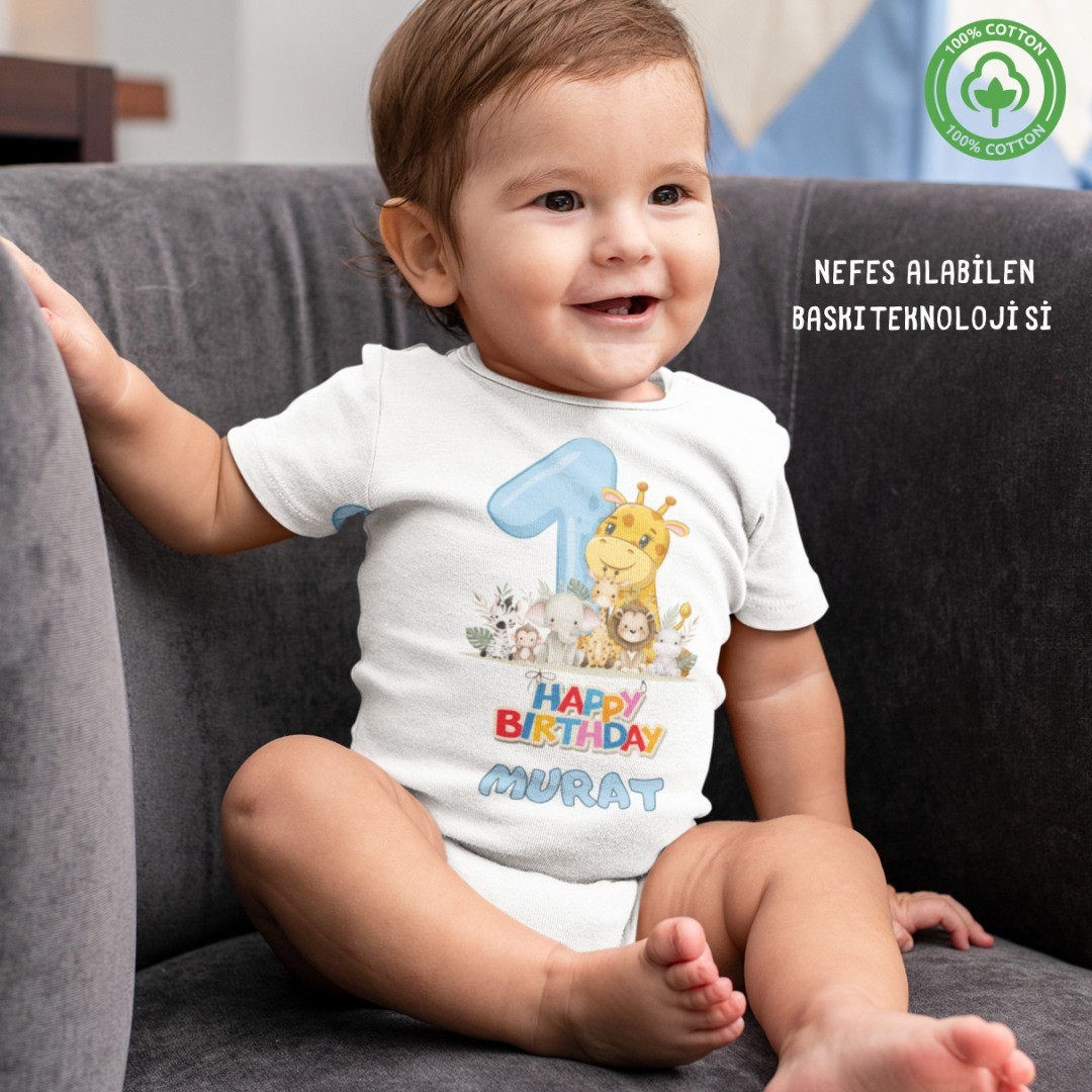 1 Yaşında Yazılı Kişiye Özel Erkek Bebek Zıbın